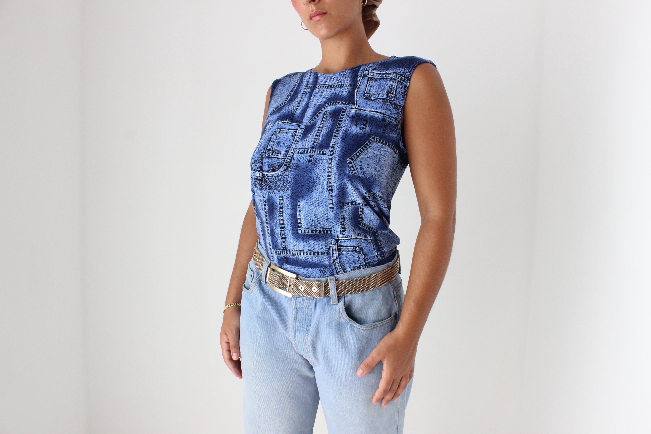 Y2K Denim Printed Patchwork Sleeveless Tank