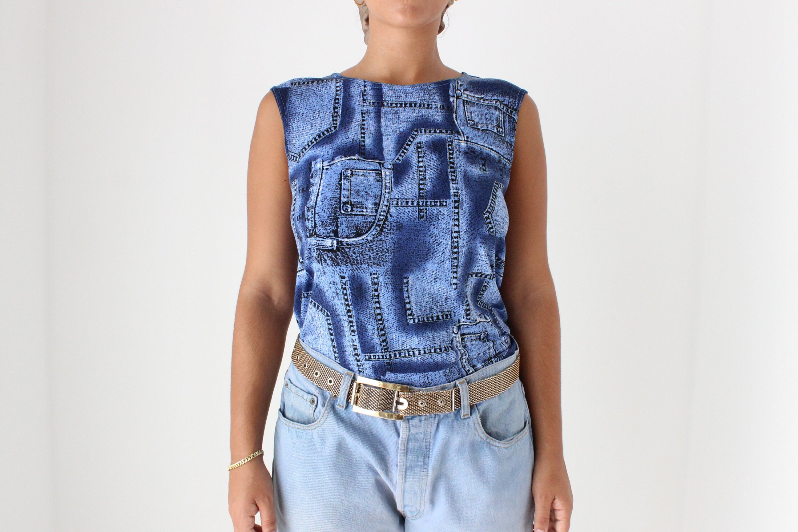 Y2K Denim Printed Patchwork Sleeveless Tank