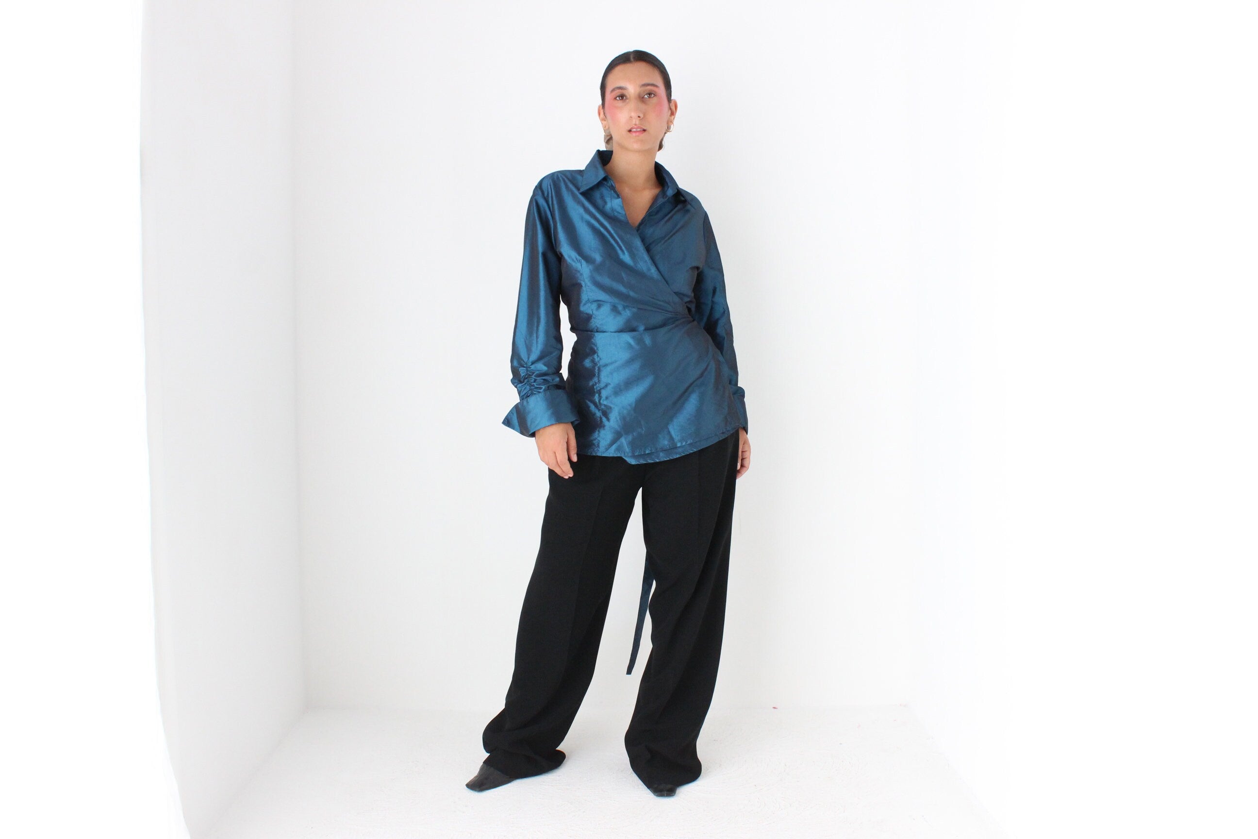 90s Sculptural Metallic Teal Taffeta Versatile Wrap Top