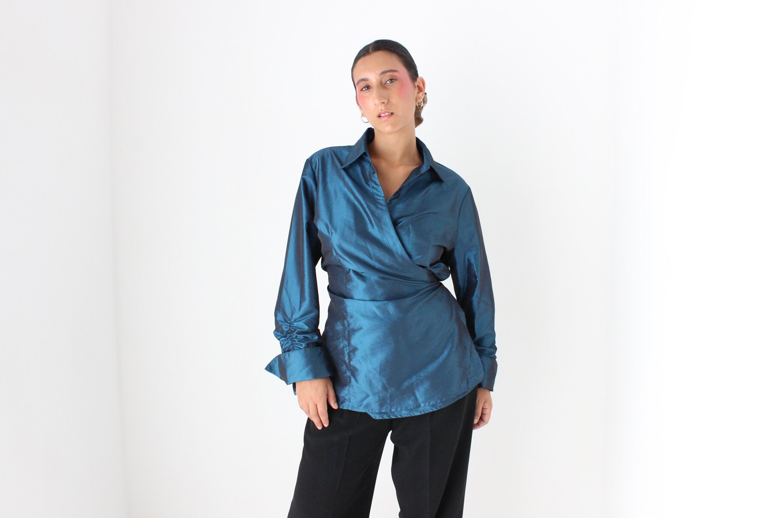 90s Sculptural Metallic Teal Taffeta Versatile Wrap Top