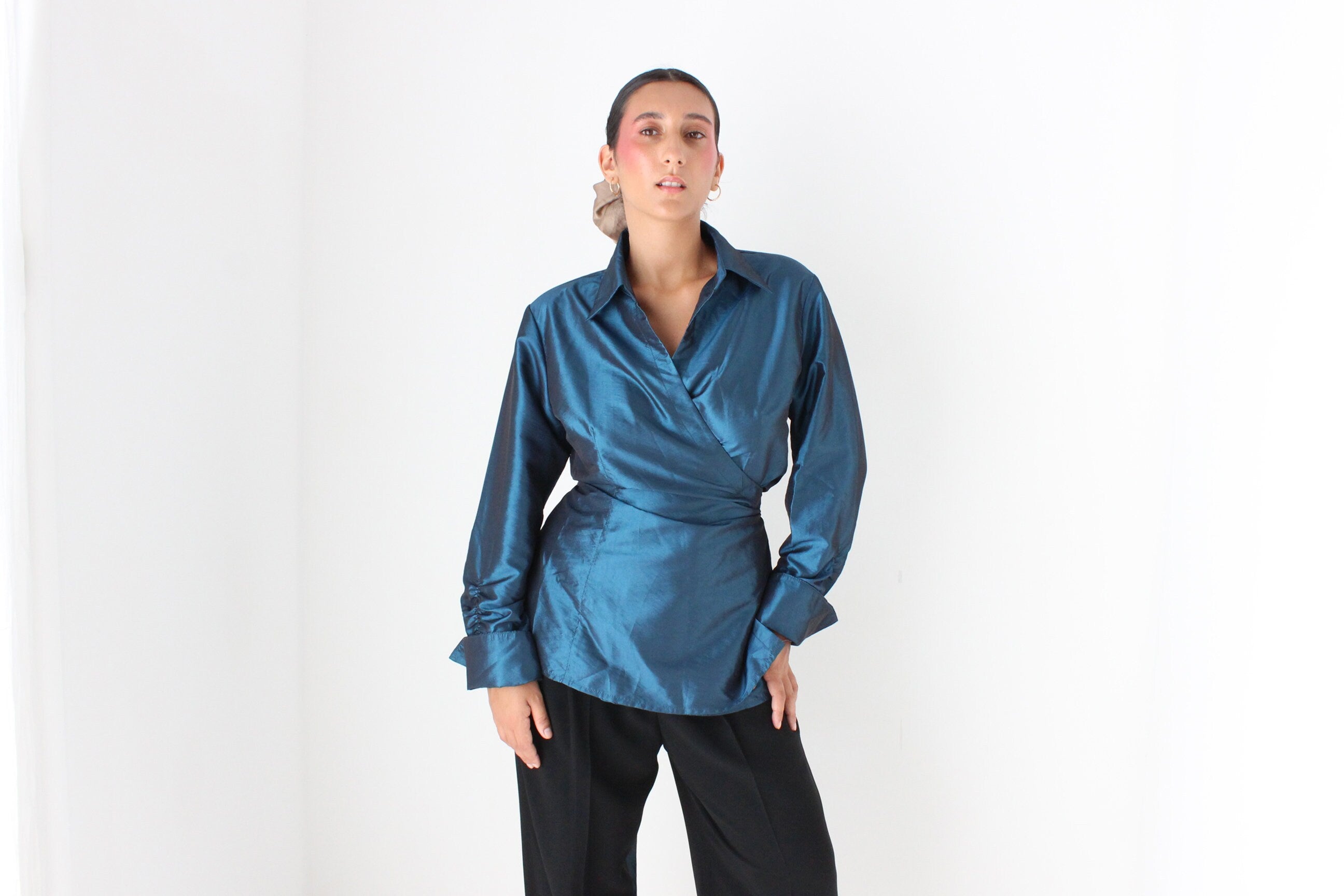 90s Sculptural Metallic Teal Taffeta Versatile Wrap Top