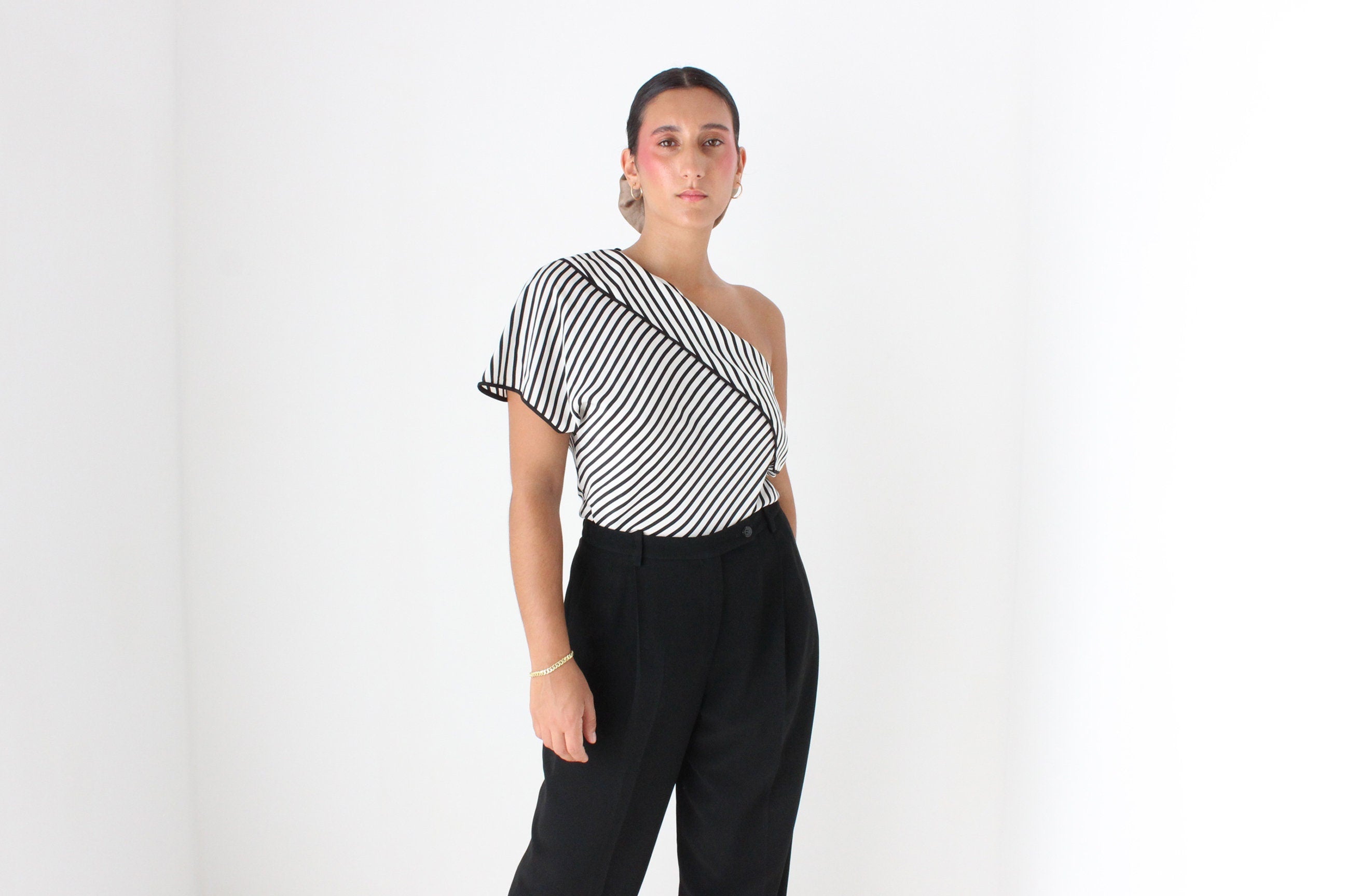 2000s Diane Von Furstenberg Modernist Striped One Shoulder Silk Top