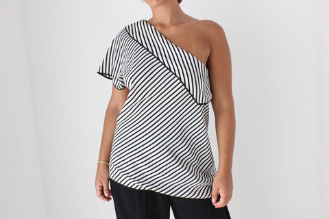 2000s Diane Von Furstenberg Modernist Striped One Shoulder Silk Top