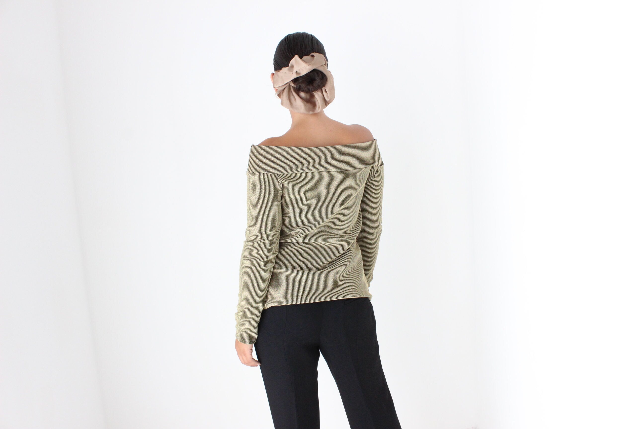 80s Gold Lurex Off Shoulder Sexy Knit Disco Top