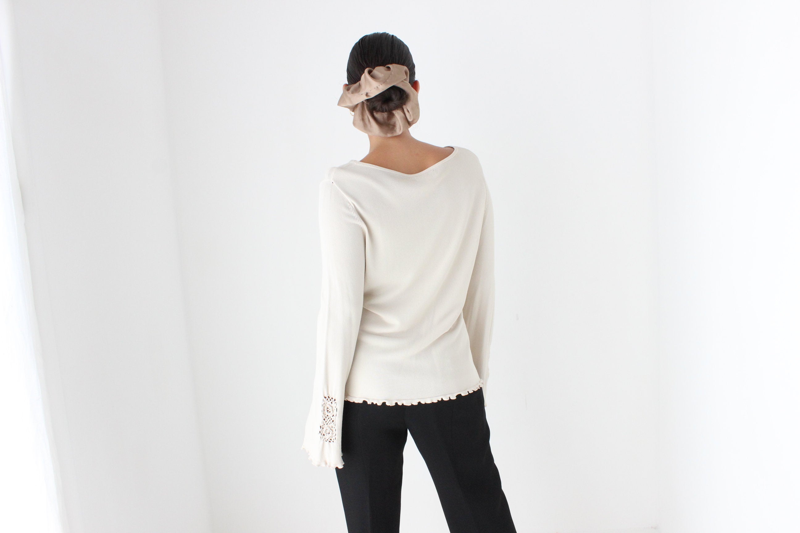 Y2K Neutral Knit Top w/ Crochet Flared Sleeves