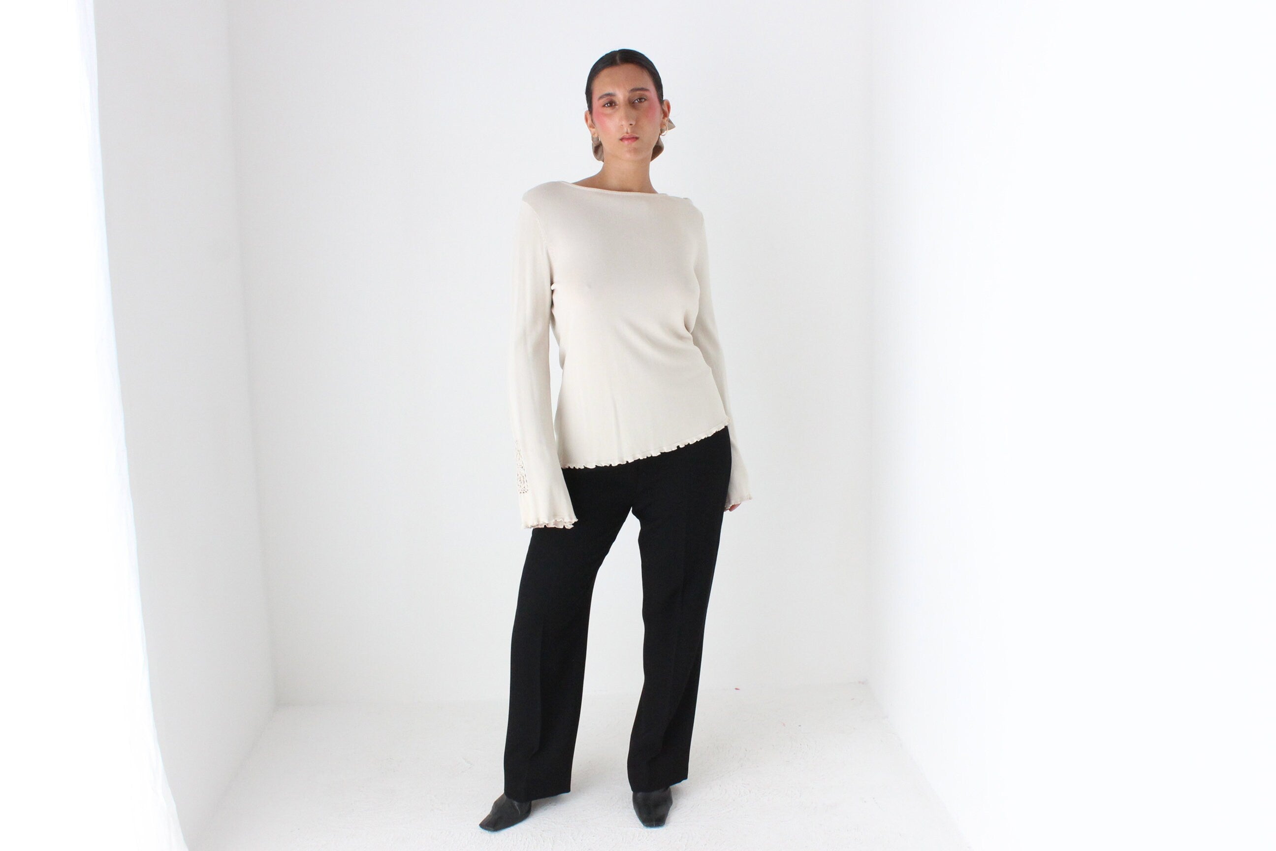 Y2K Neutral Knit Top w/ Crochet Flared Sleeves