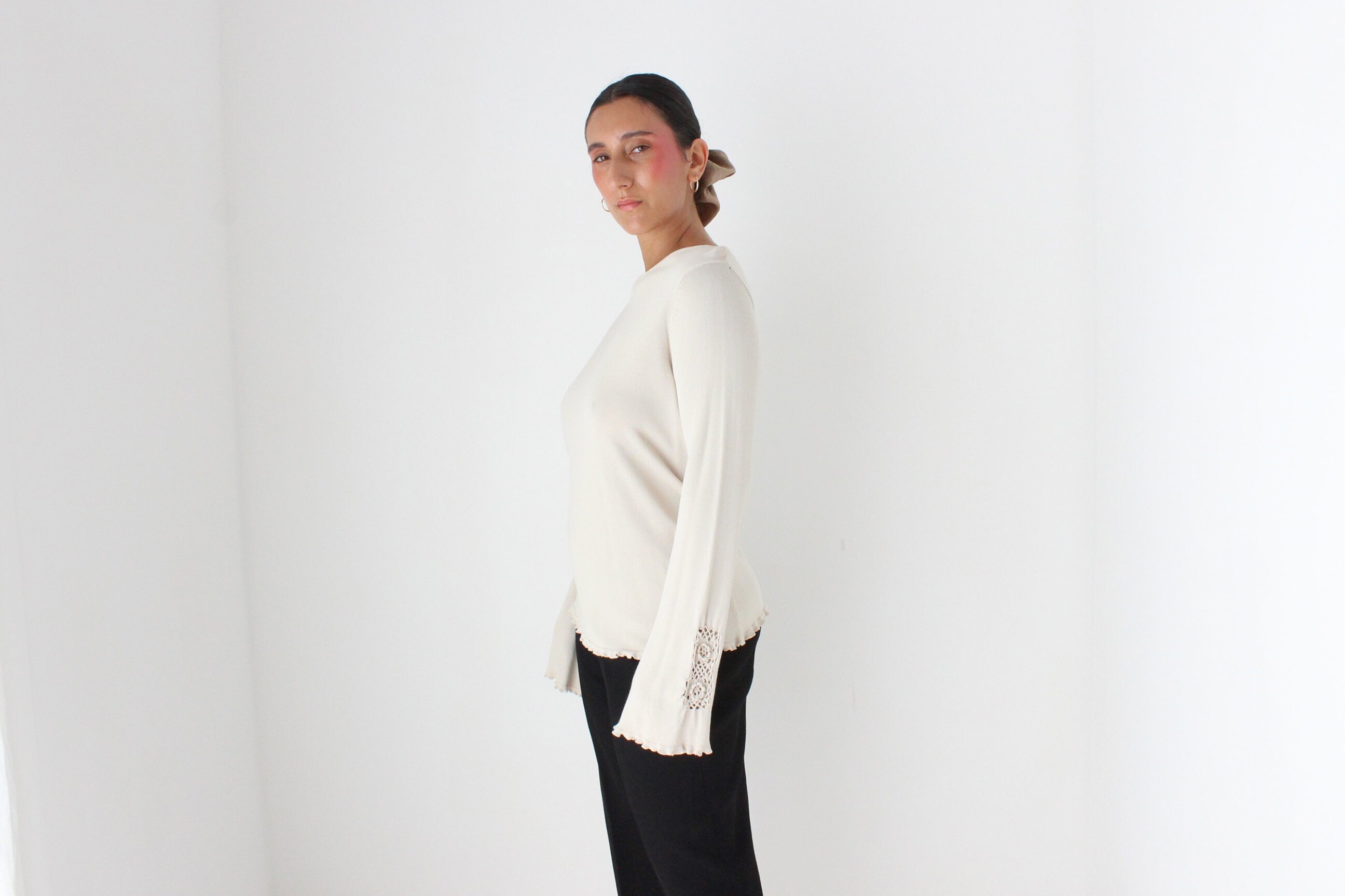 Y2K Neutral Knit Top w/ Crochet Flared Sleeves