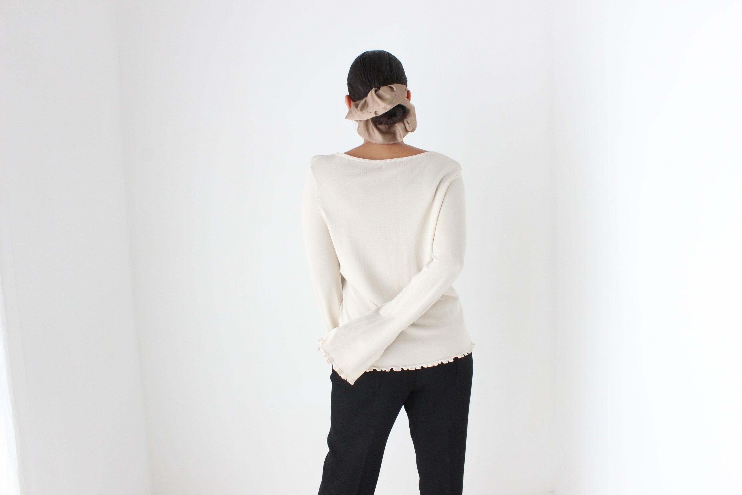 Y2K Neutral Knit Top w/ Crochet Flared Sleeves