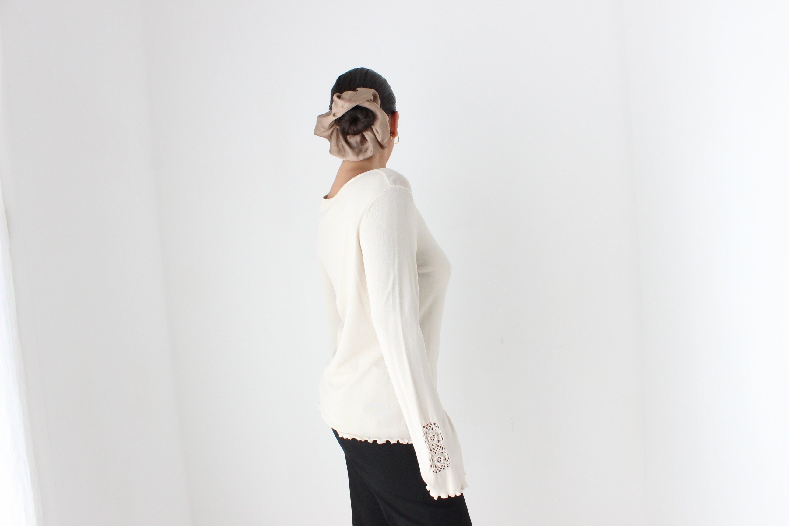 Y2K Neutral Knit Top w/ Crochet Flared Sleeves