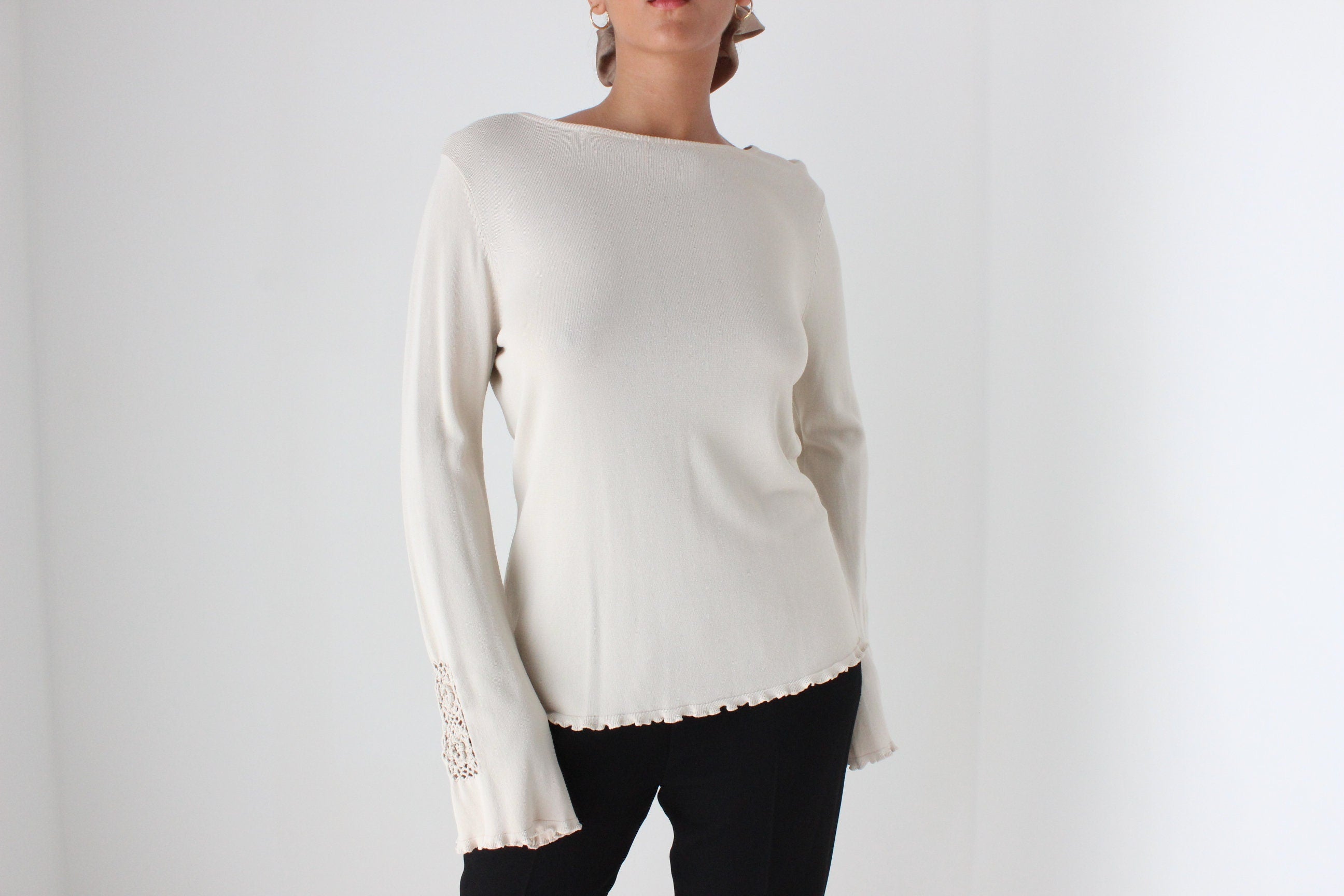 Y2K Neutral Knit Top w/ Crochet Flared Sleeves