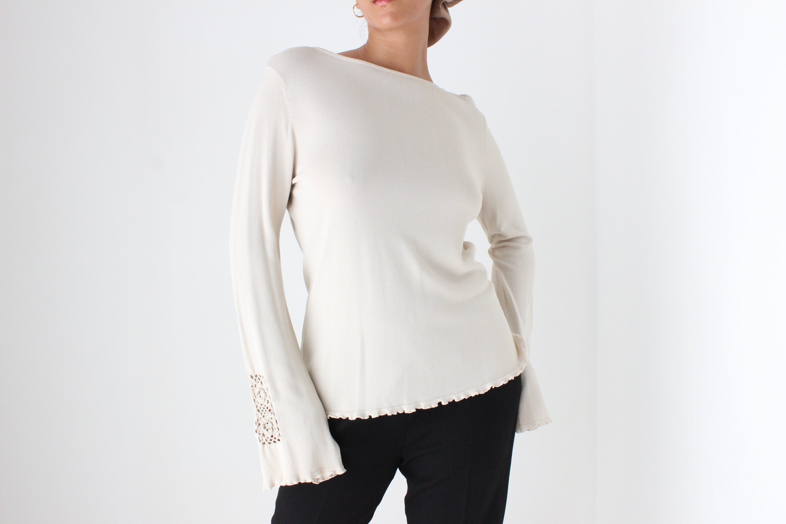 Y2K Neutral Knit Top w/ Crochet Flared Sleeves