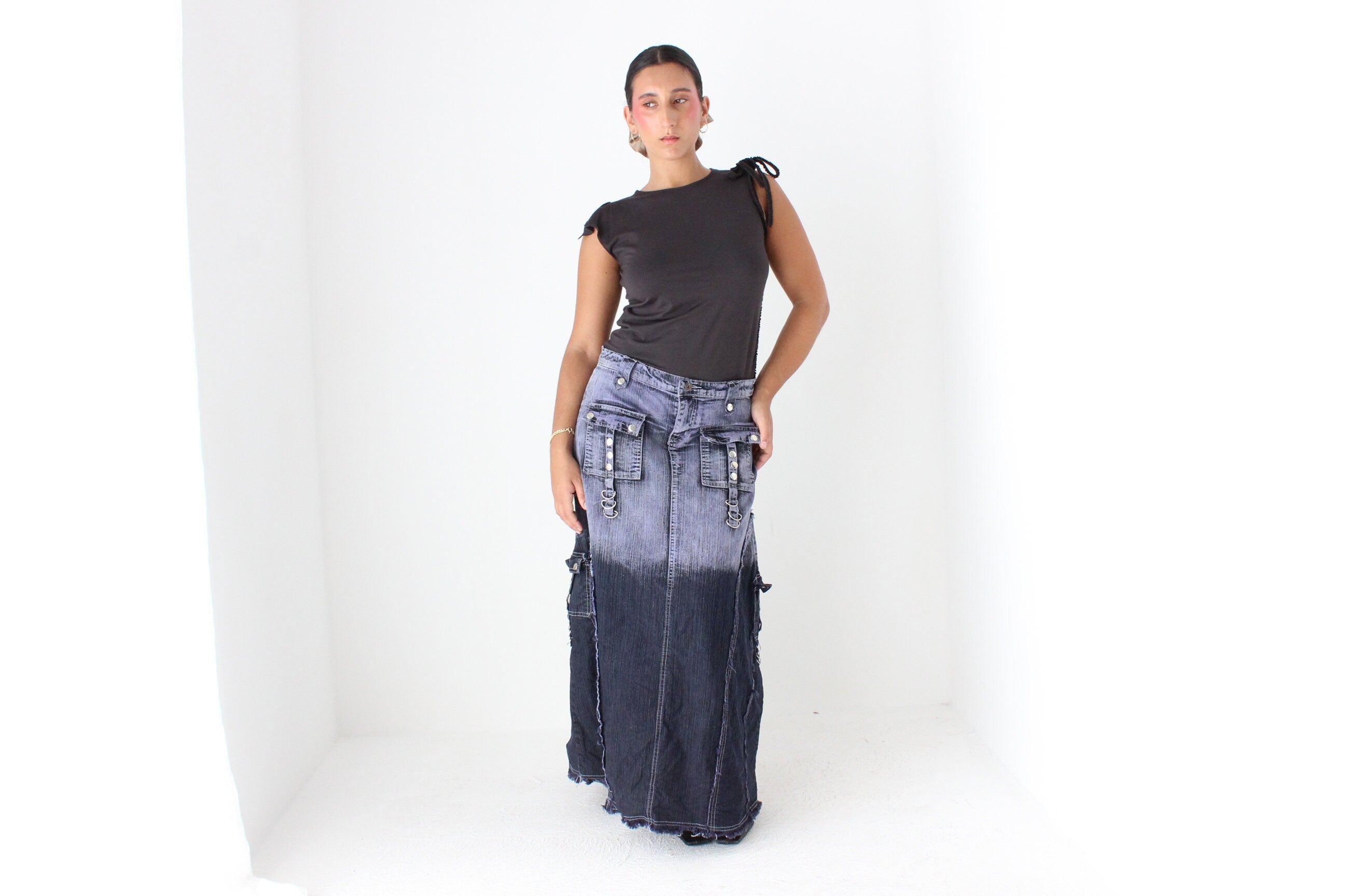 Y2K Maximalist German Techno Dip-Dye Denim Cargo Maxi Skirt