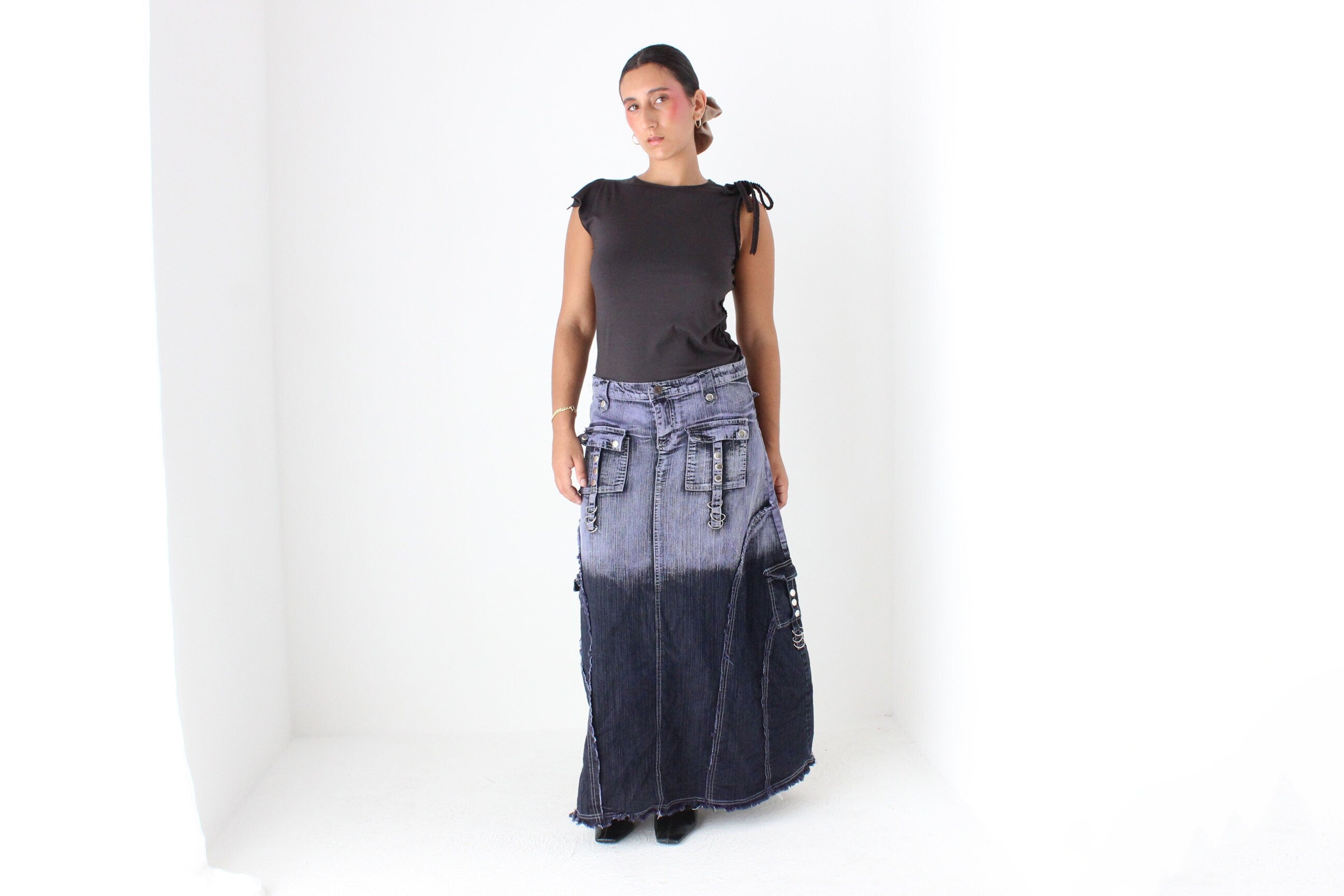 Y2K Maximalist German Techno Dip-Dye Denim Cargo Maxi Skirt