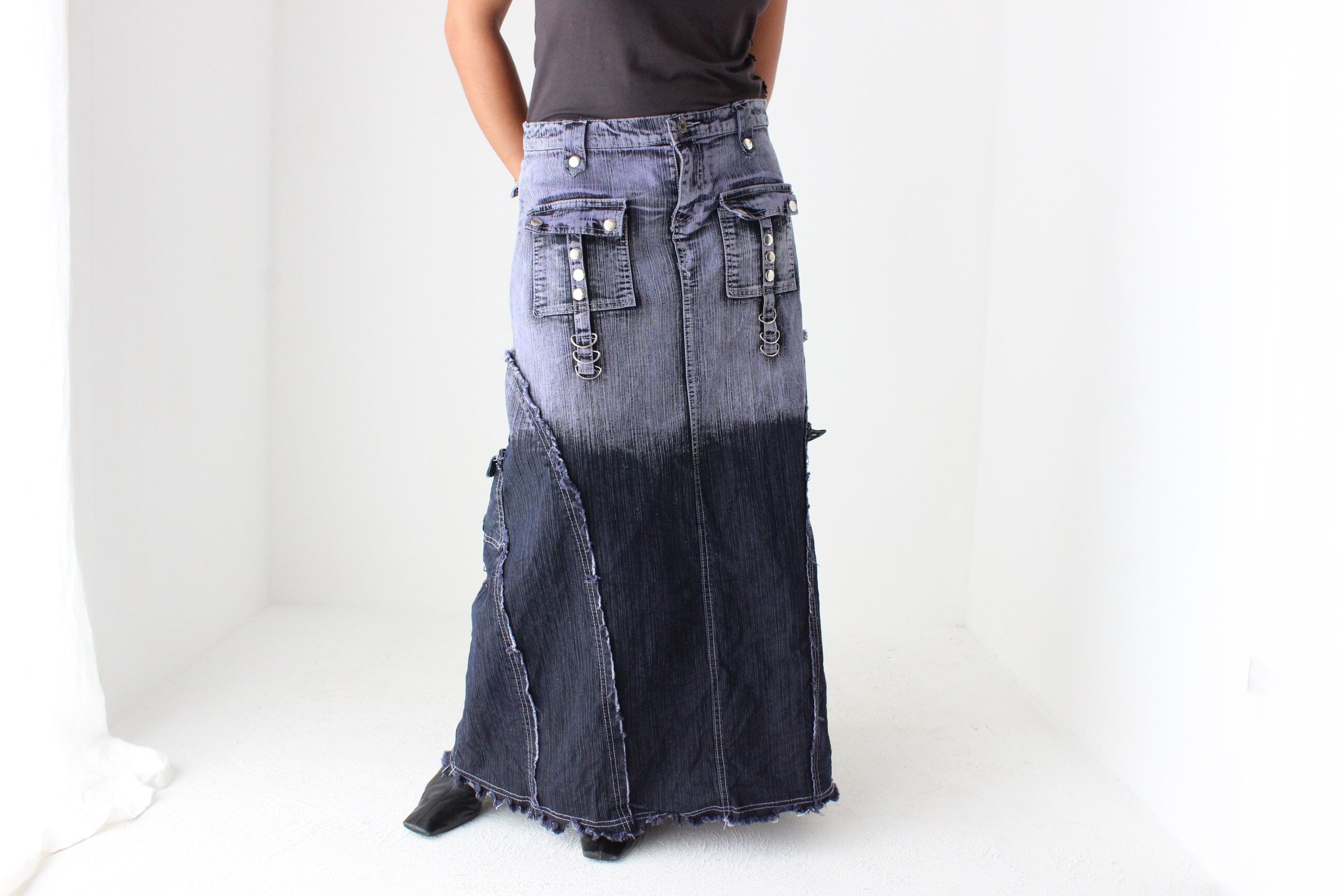 Y2K Maximalist German Techno Dip-Dye Denim Cargo Maxi Skirt