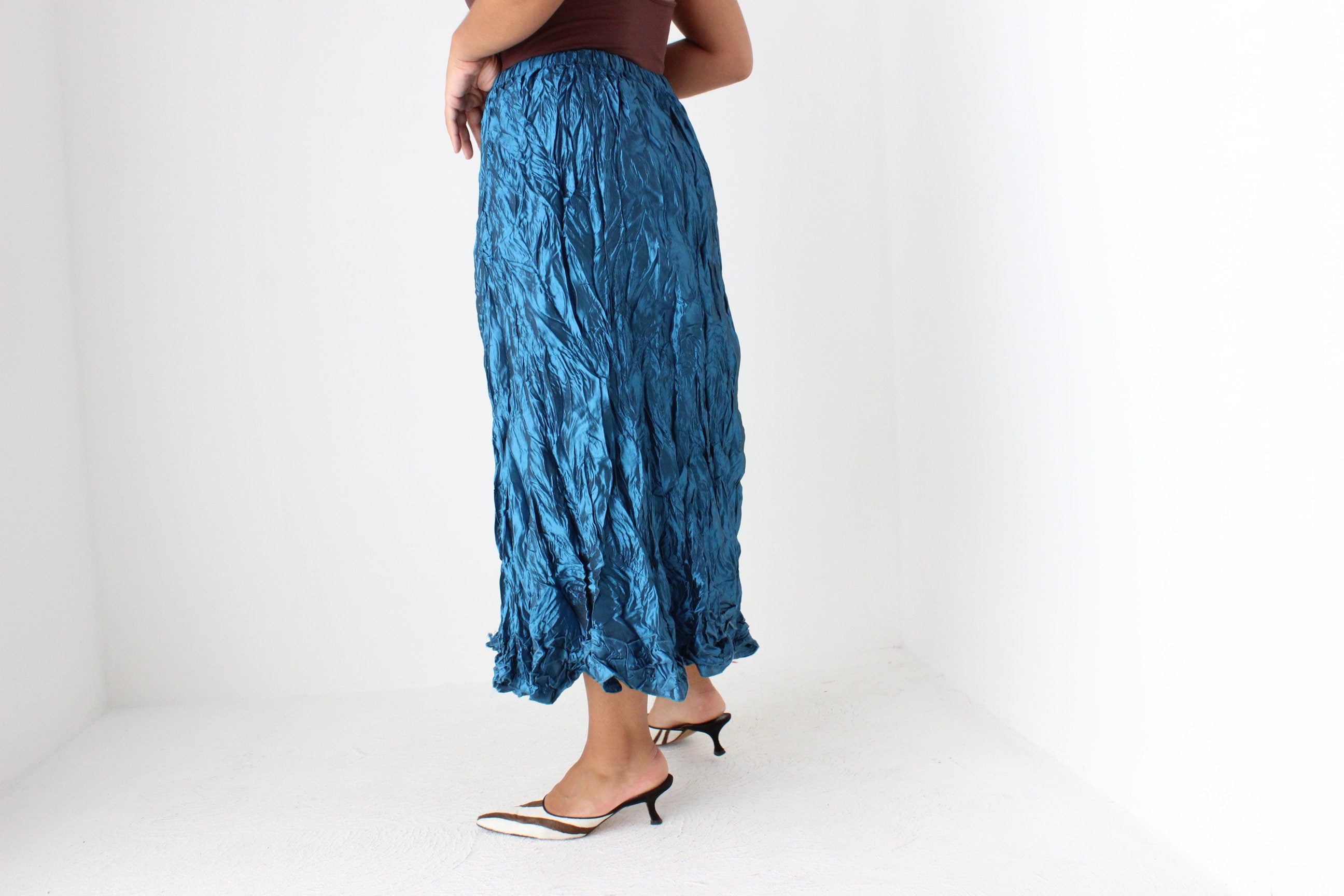 Y2K Metallic Blue Crinkle Taffeta Origami Midi Skirt