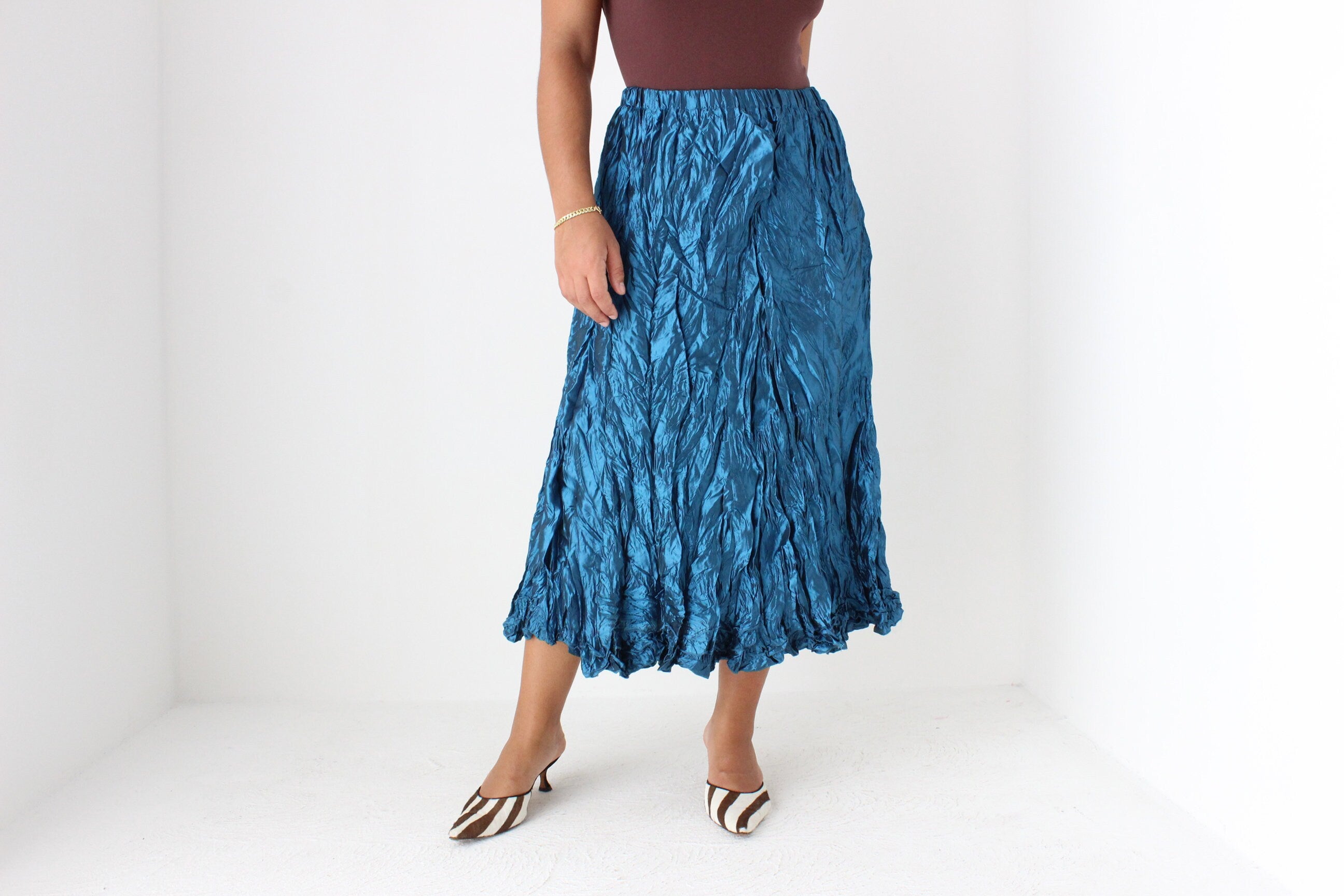 Y2K Metallic Blue Crinkle Taffeta Origami Midi Skirt