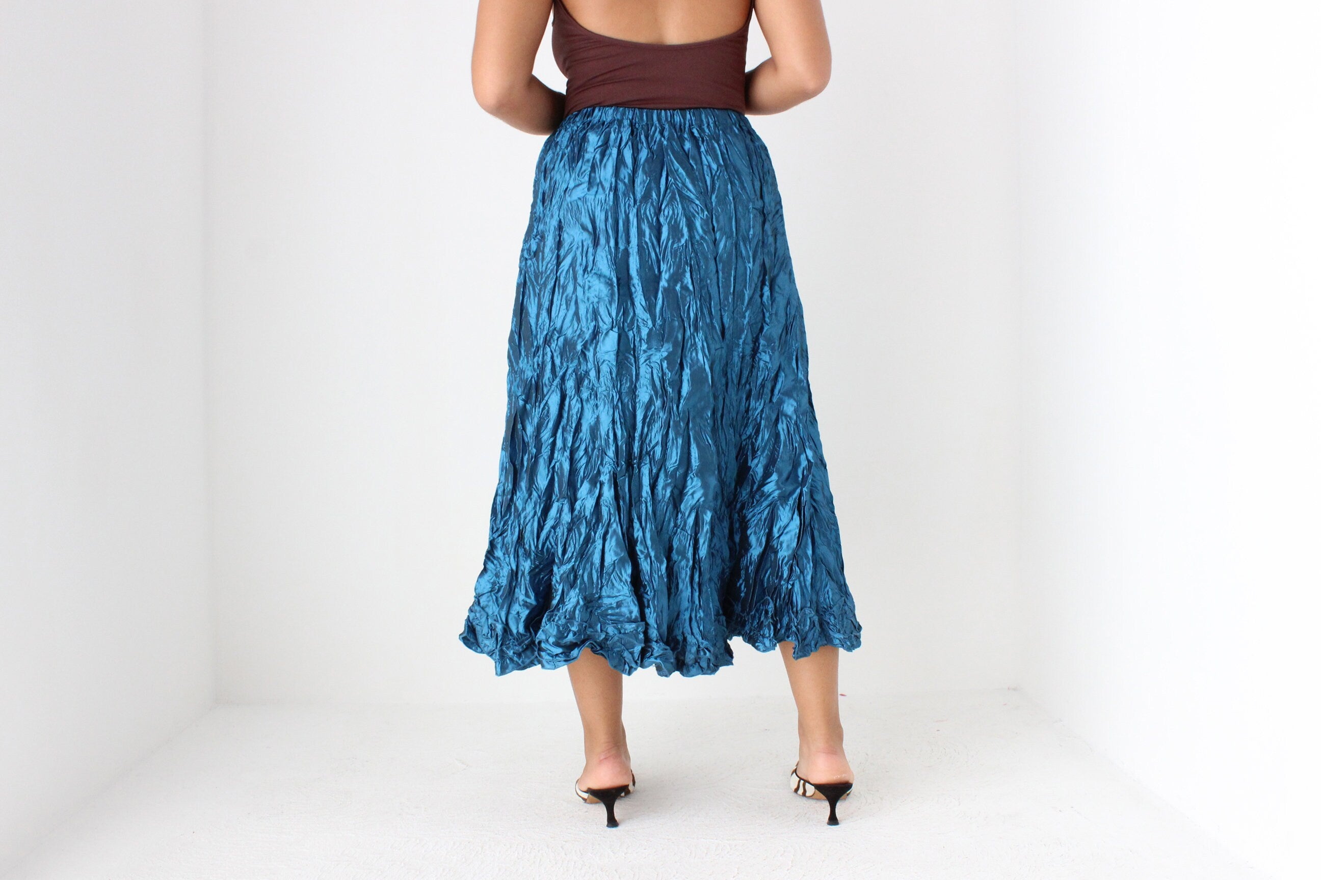 Y2K Metallic Blue Crinkle Taffeta Origami Midi Skirt