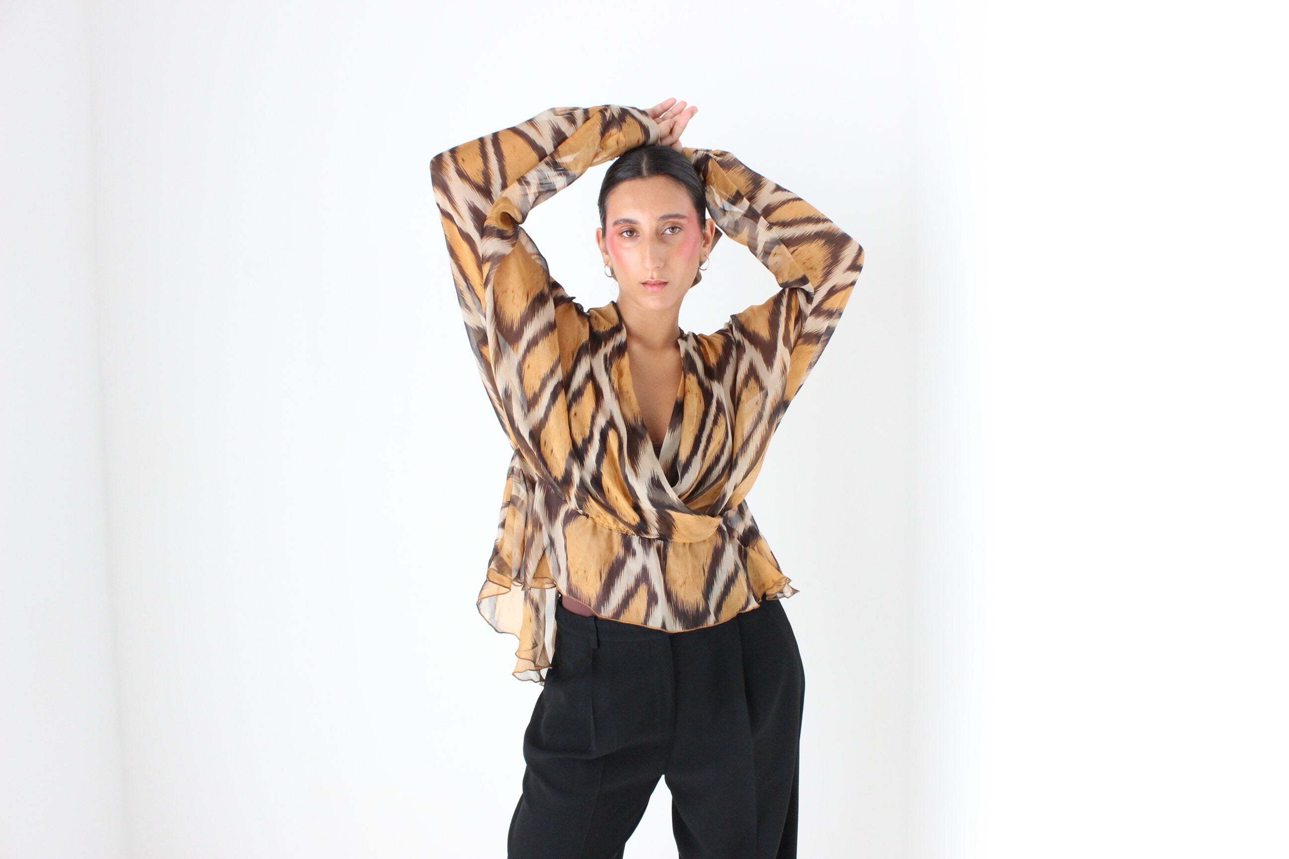 Y2K Pure Silk Animal Print Batwing Top