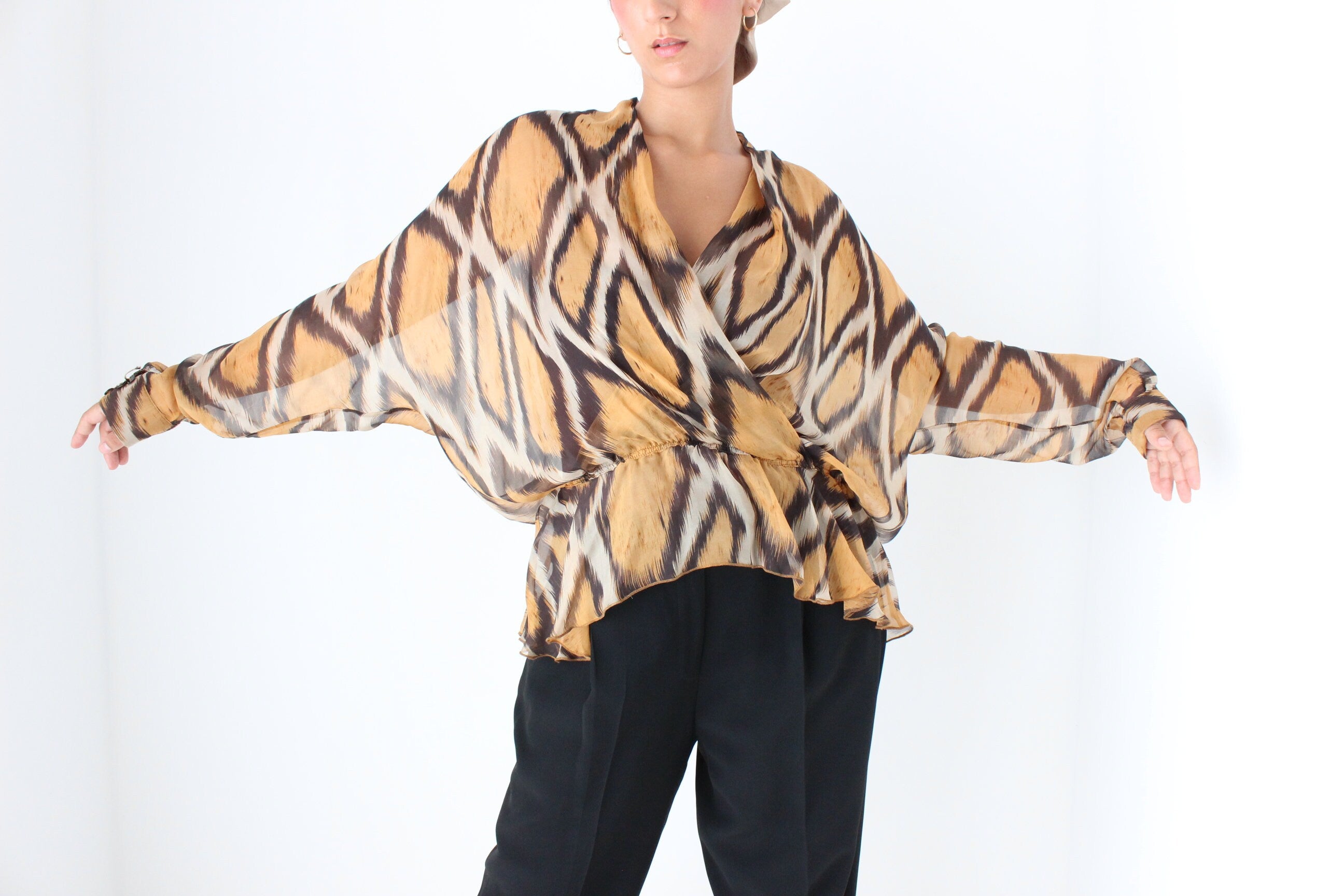 Y2K Pure Silk Animal Print Batwing Top