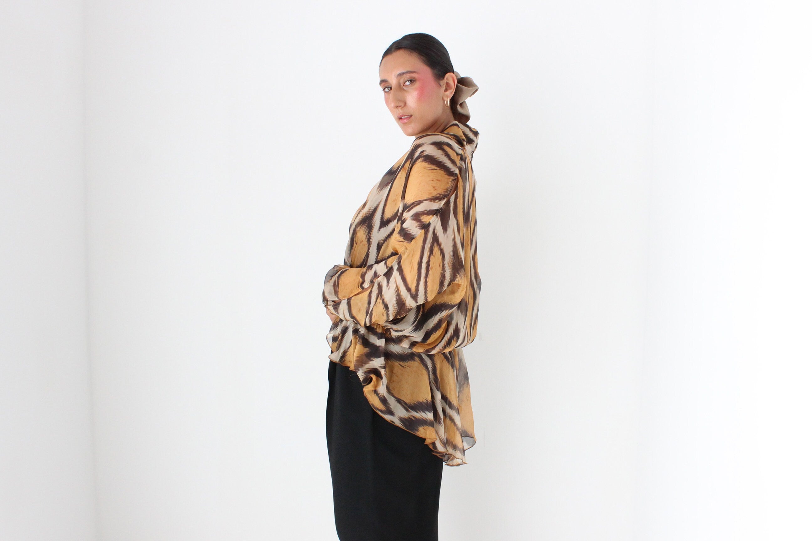 Y2K Pure Silk Animal Print Batwing Top