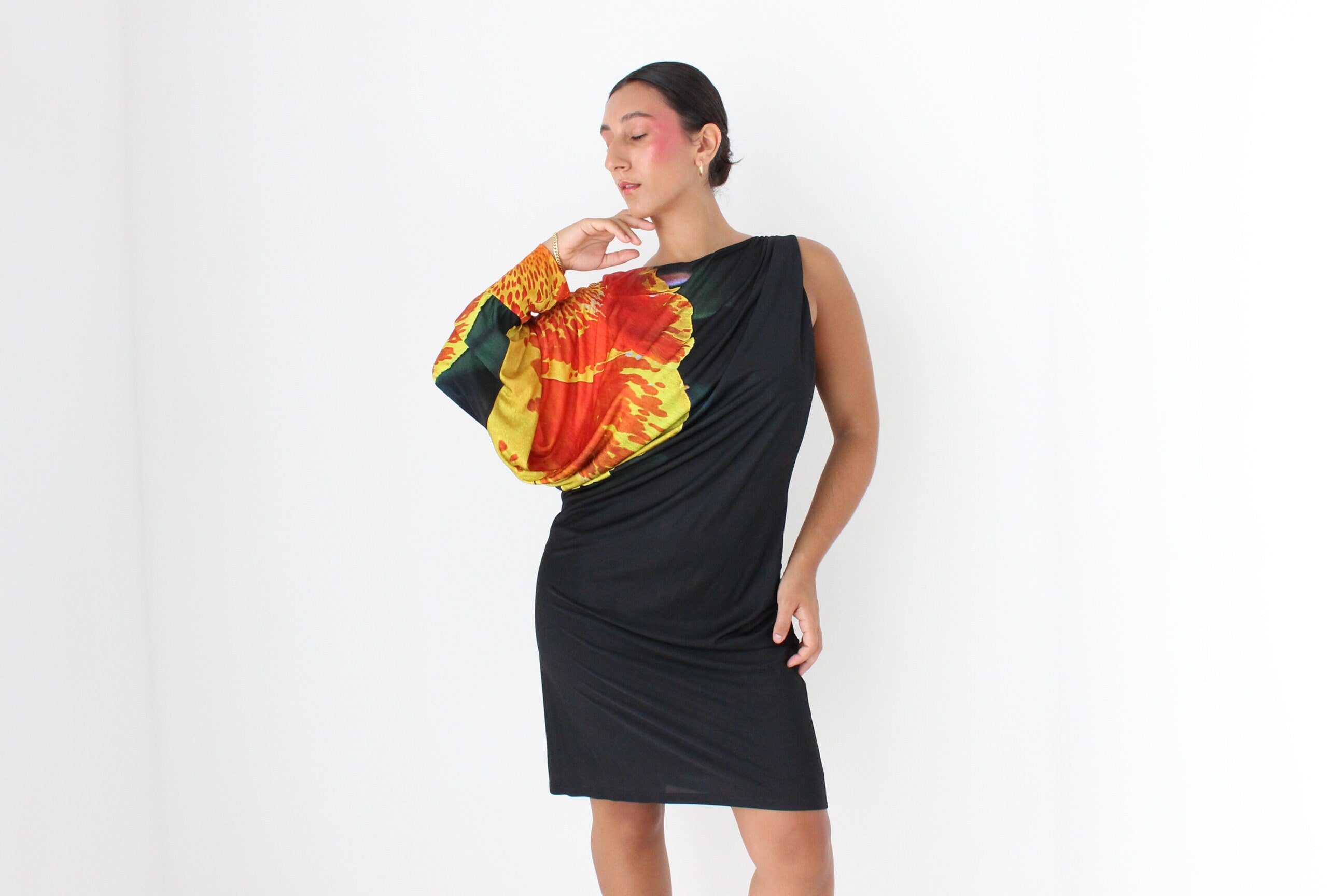 Y2K Roberto Cavalli Asymmetric Flower Shoulder Dress