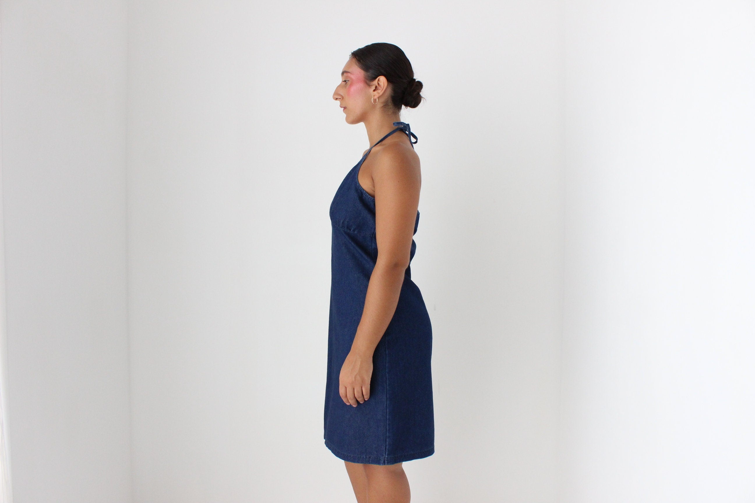 Y2K Darkwash Denim Minimal Halter Dress