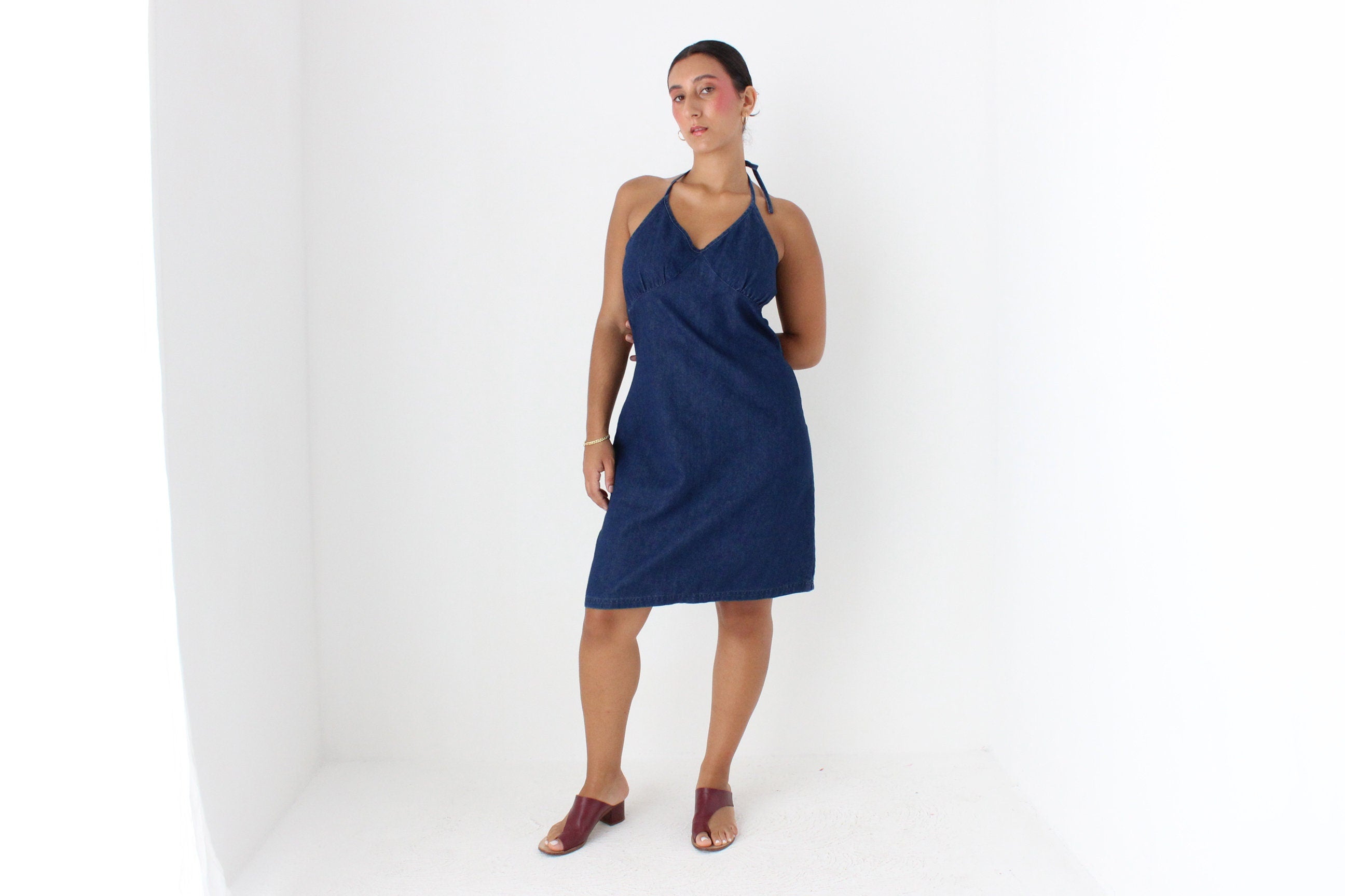 Y2K Darkwash Denim Minimal Halter Dress