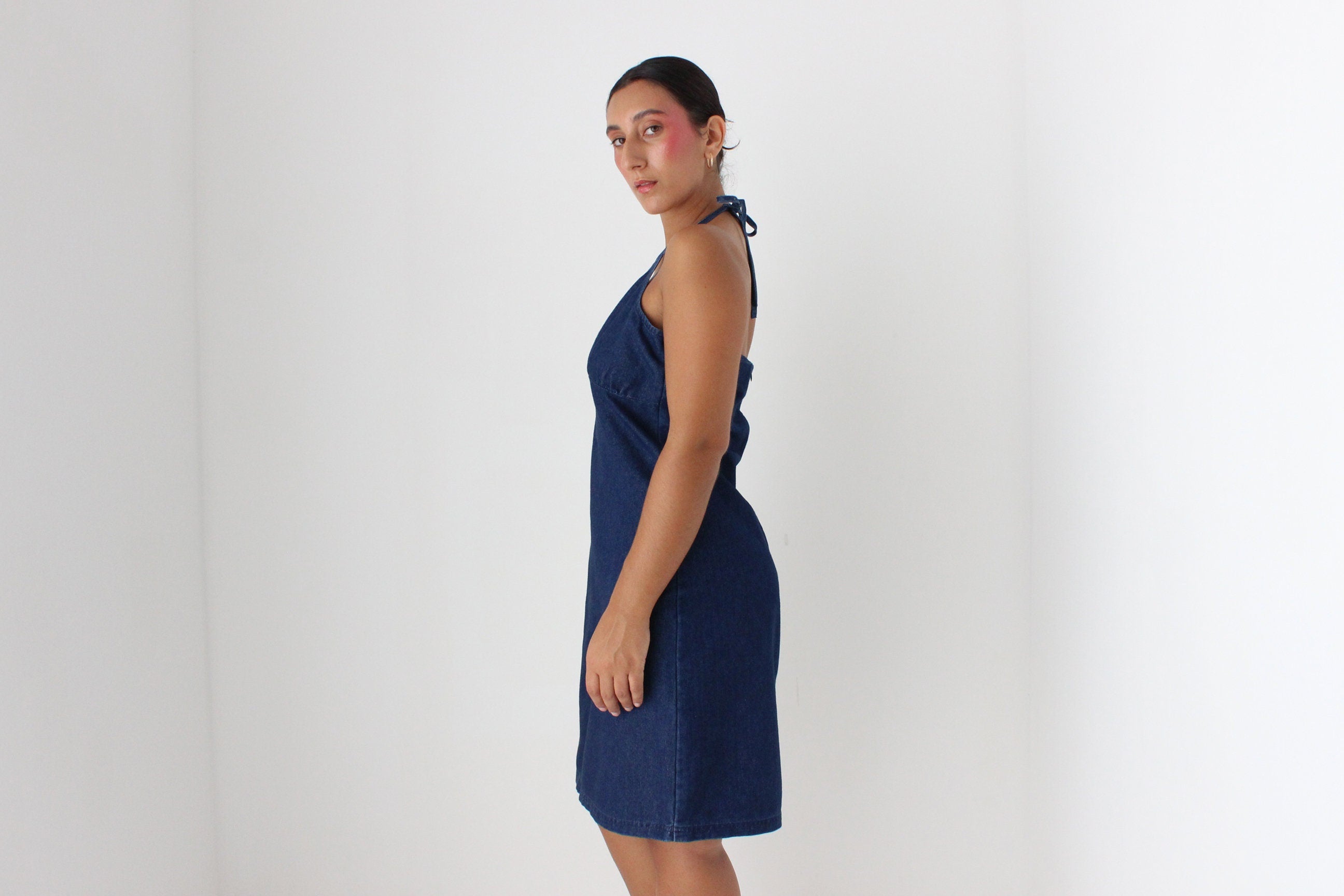 Y2K Darkwash Denim Minimal Halter Dress