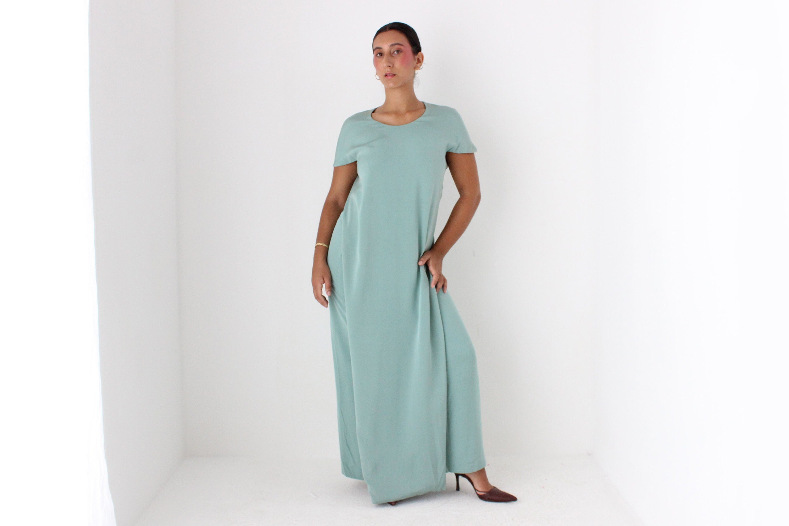 90s CALVIN KLEIN Mint Green Silk Minimal Gown