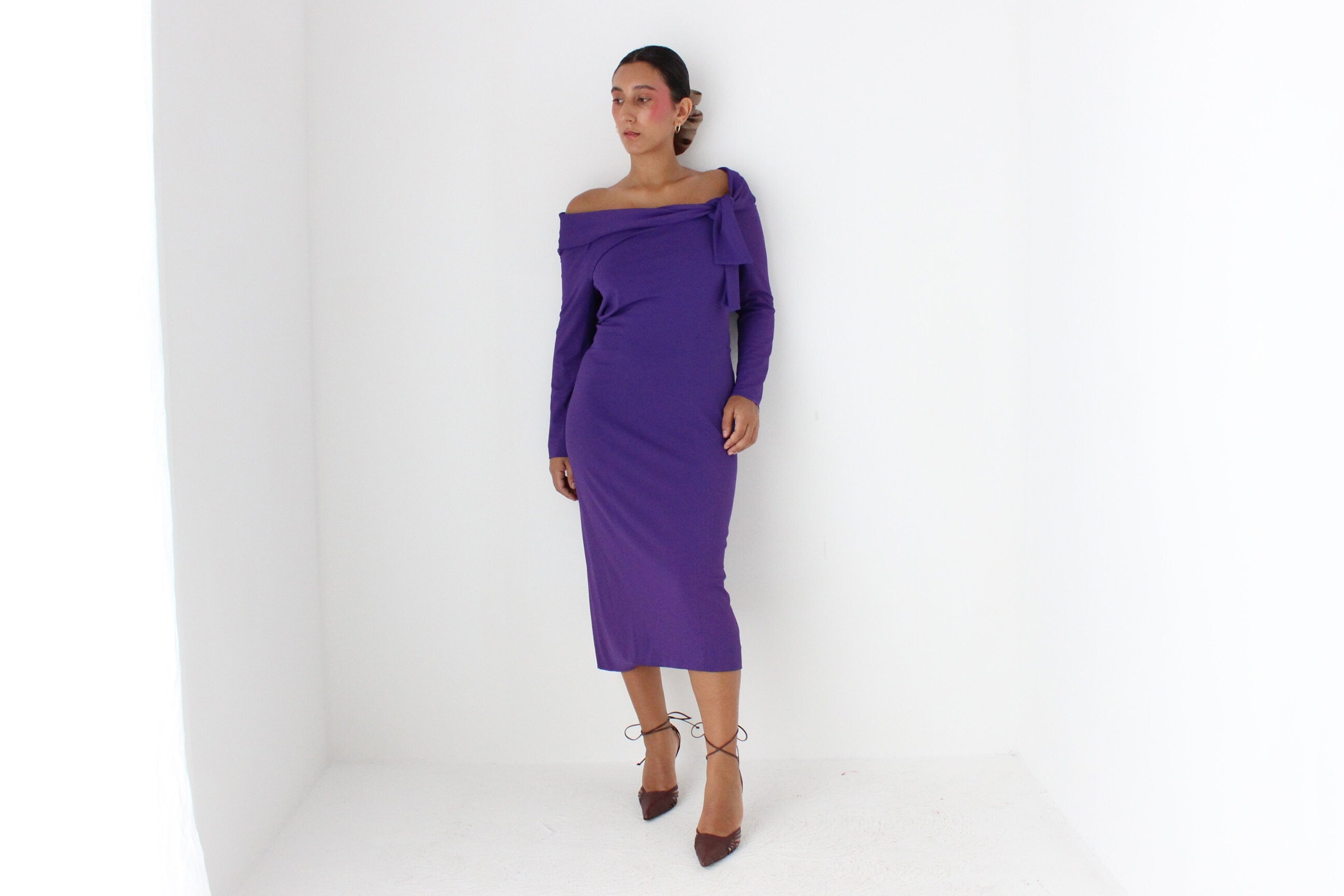 2000s Alberta Ferretti Royal Purple Fitted Off Shoulder Dress