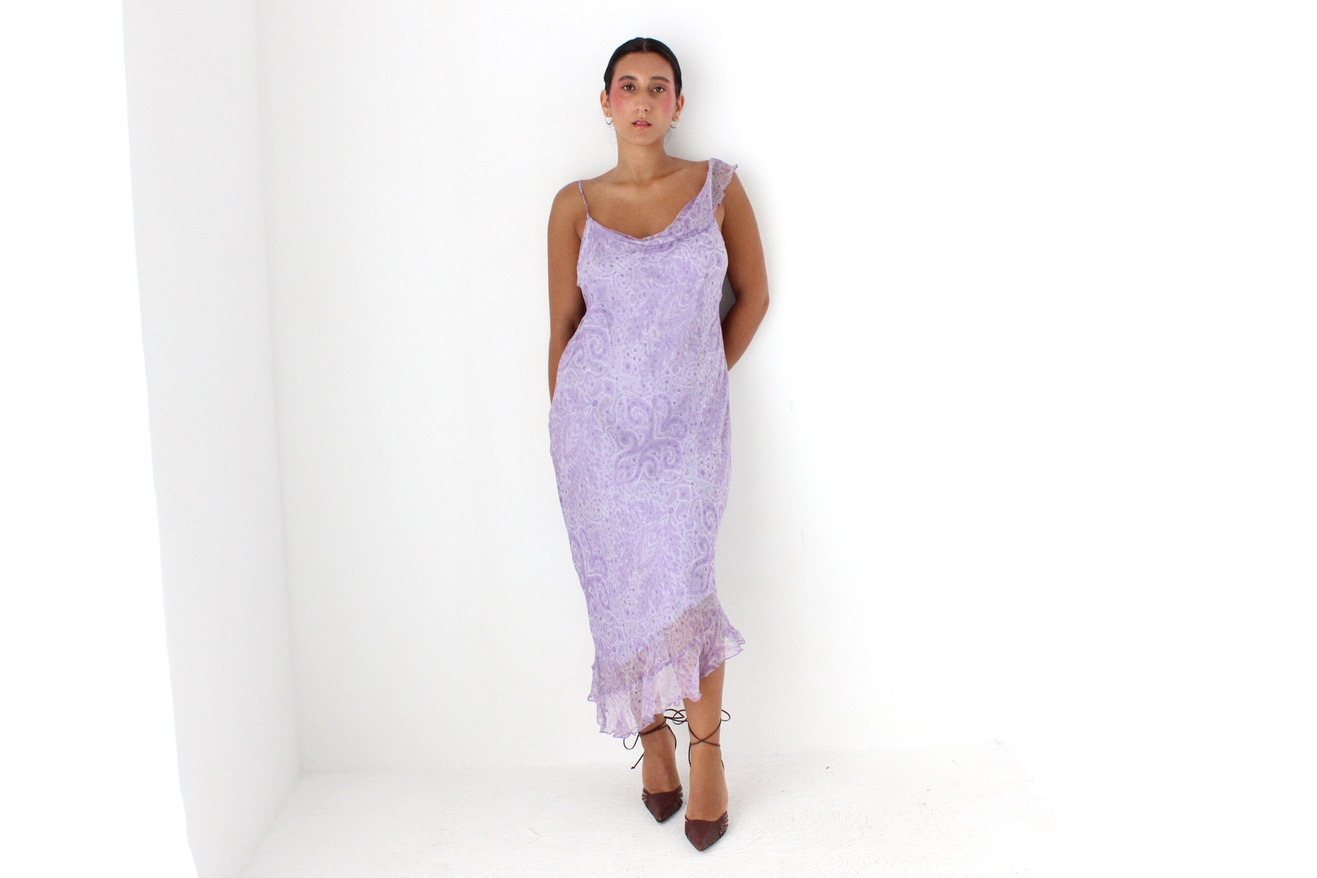 Y2K PURE SILK Paisley Pastel Asymmetric Slip Dress