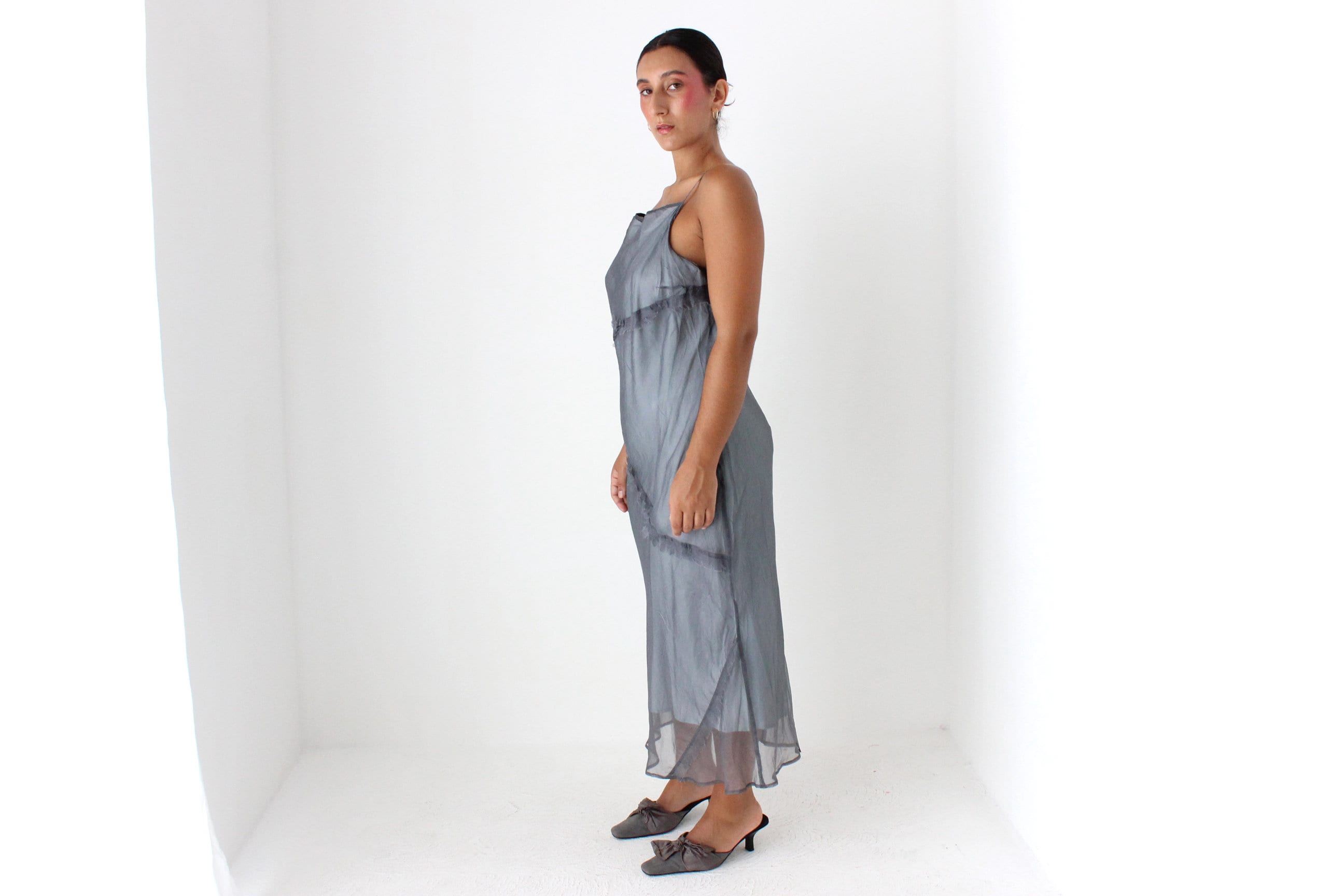 90s CUE Etherial Silk Organza Bias Cut Straight Neck Slip Dress