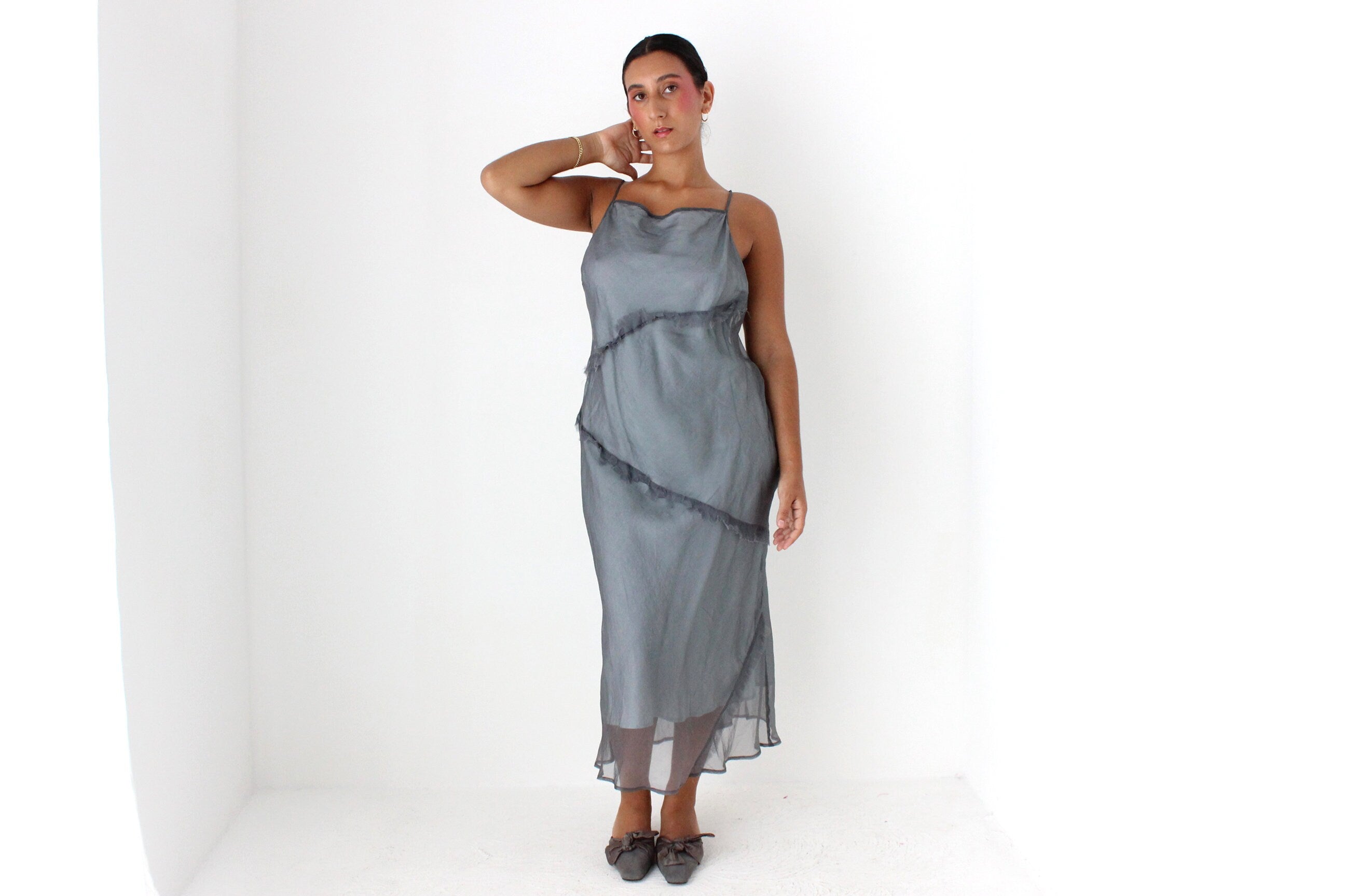 90s CUE Etherial Silk Organza Bias Cut Straight Neck Slip Dress