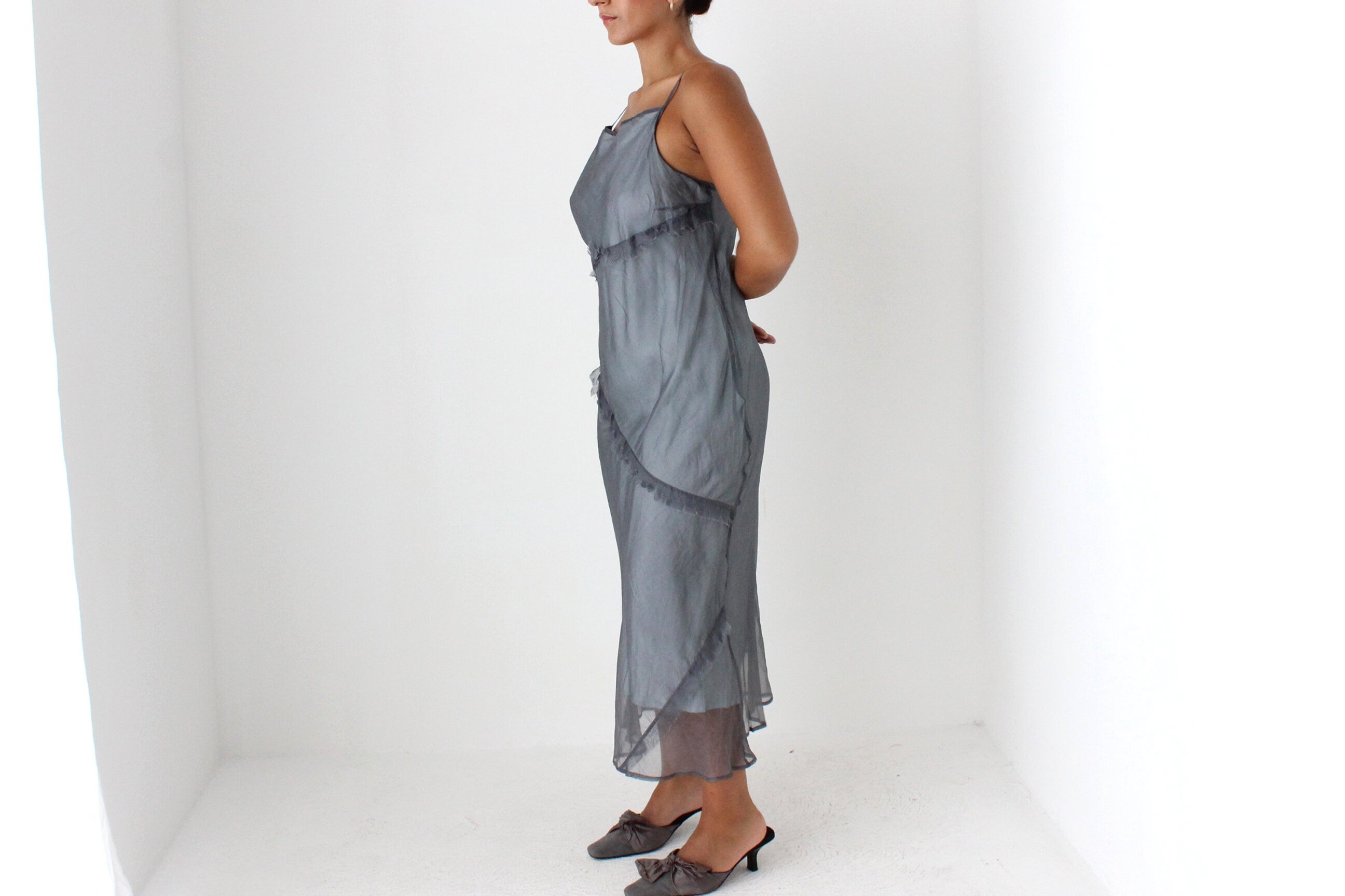 90s CUE Etherial Silk Organza Bias Cut Straight Neck Slip Dress