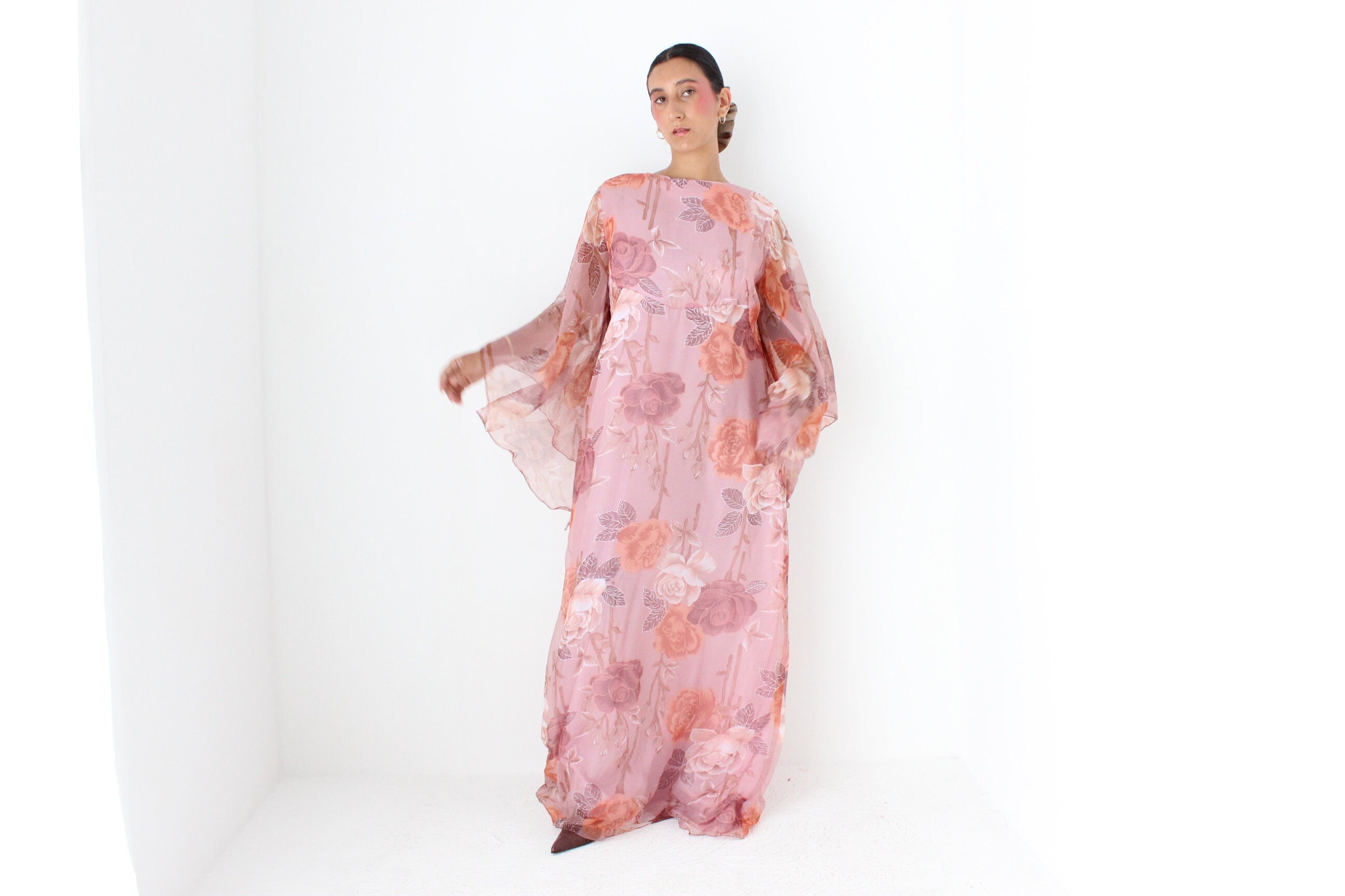 70s Pink Floral Organza Hostess Dress w/ Amazing Sleeves