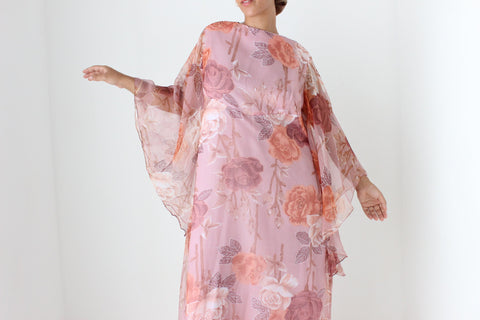 70s Pink Floral Organza Hostess Dress w/ Amazing Sleeves