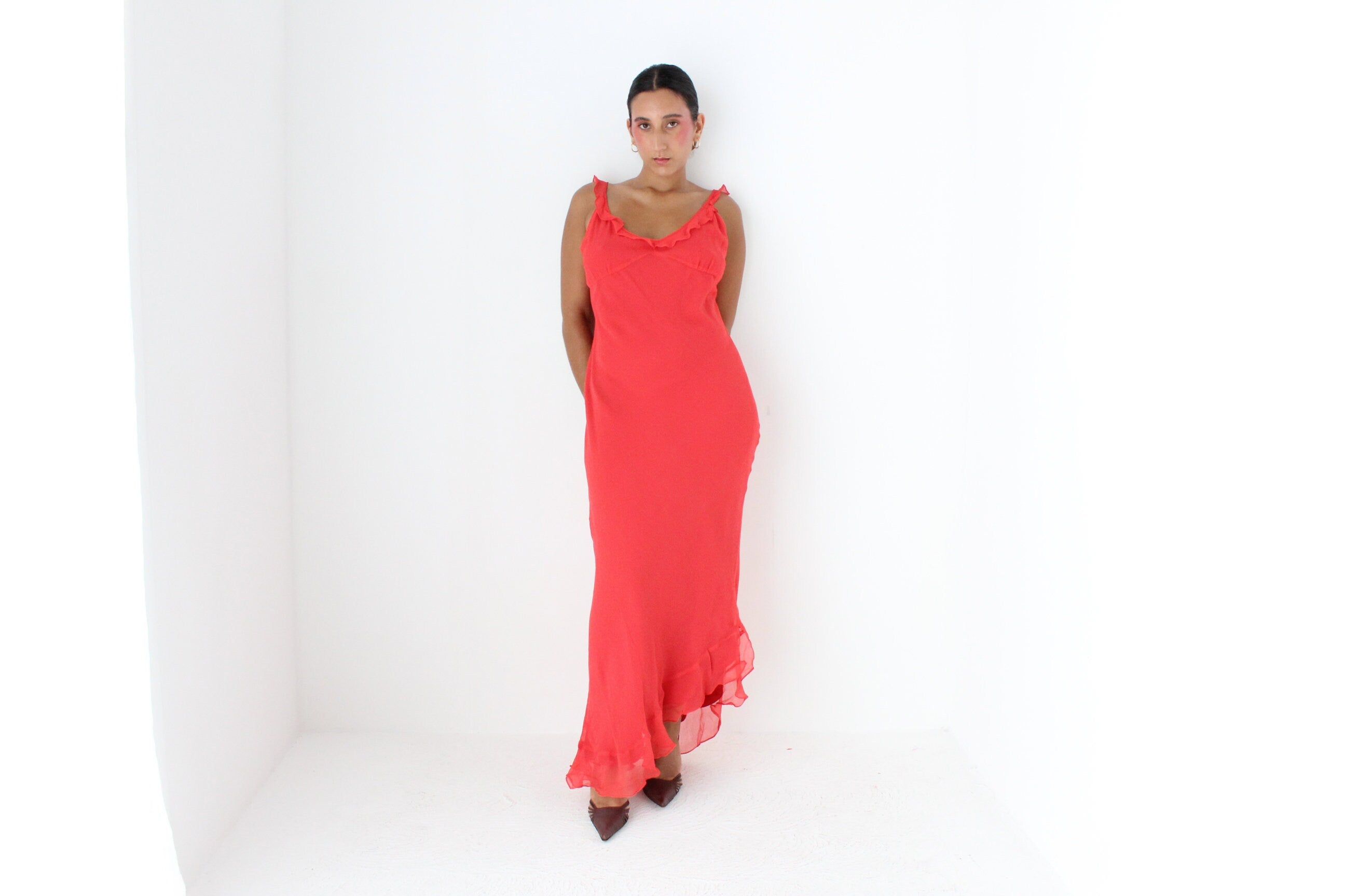 Y2K Coral Pure Silk Bias Cut Slip Dress