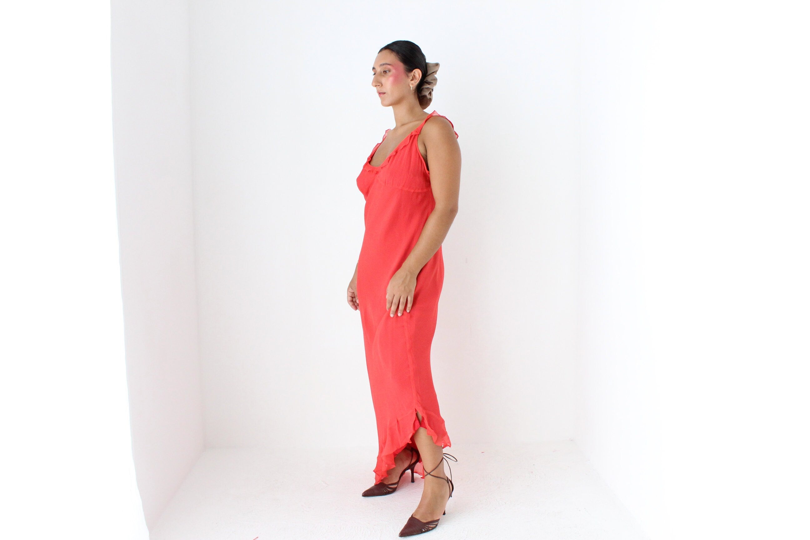 Y2K Coral Pure Silk Bias Cut Slip Dress