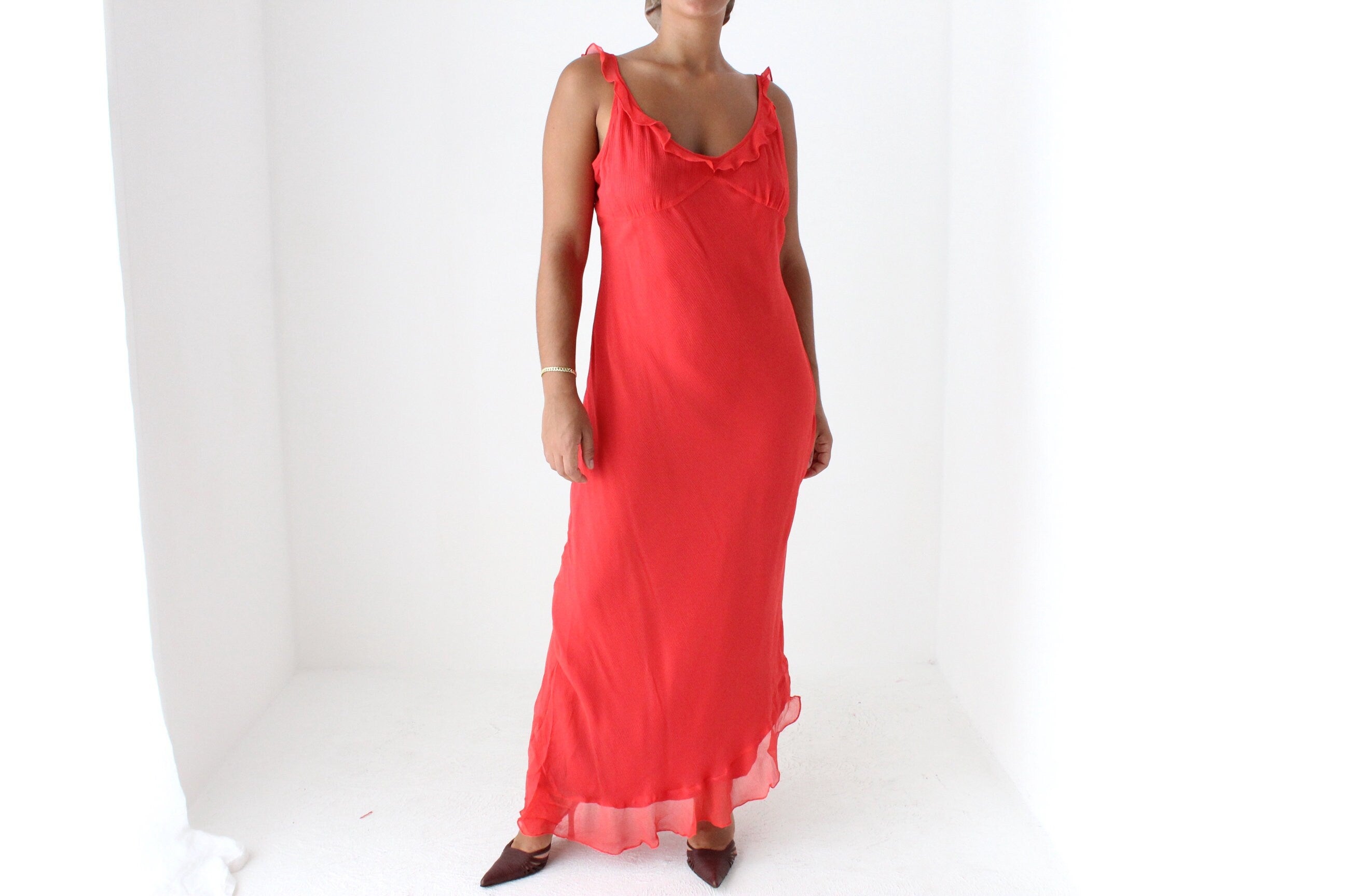 Y2K Coral Pure Silk Bias Cut Slip Dress