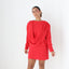 80s Coral Red Draped Disco Mini Dress
