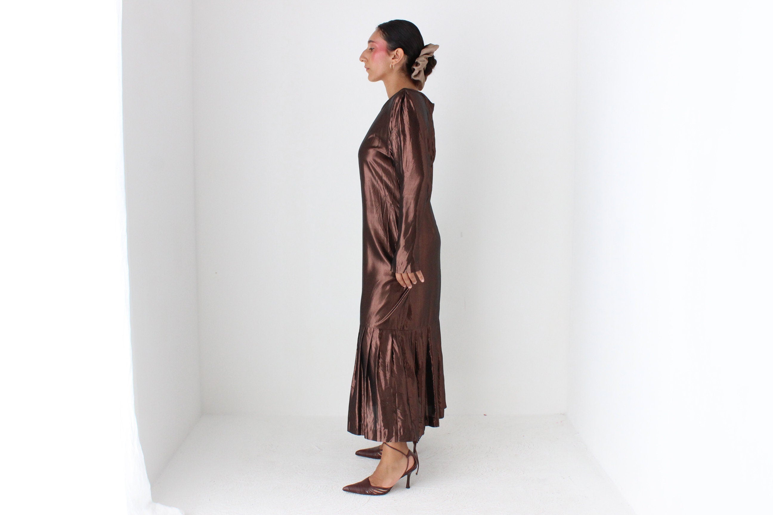 80s Bronze Lamé Metallic Drop Waist Party Dress