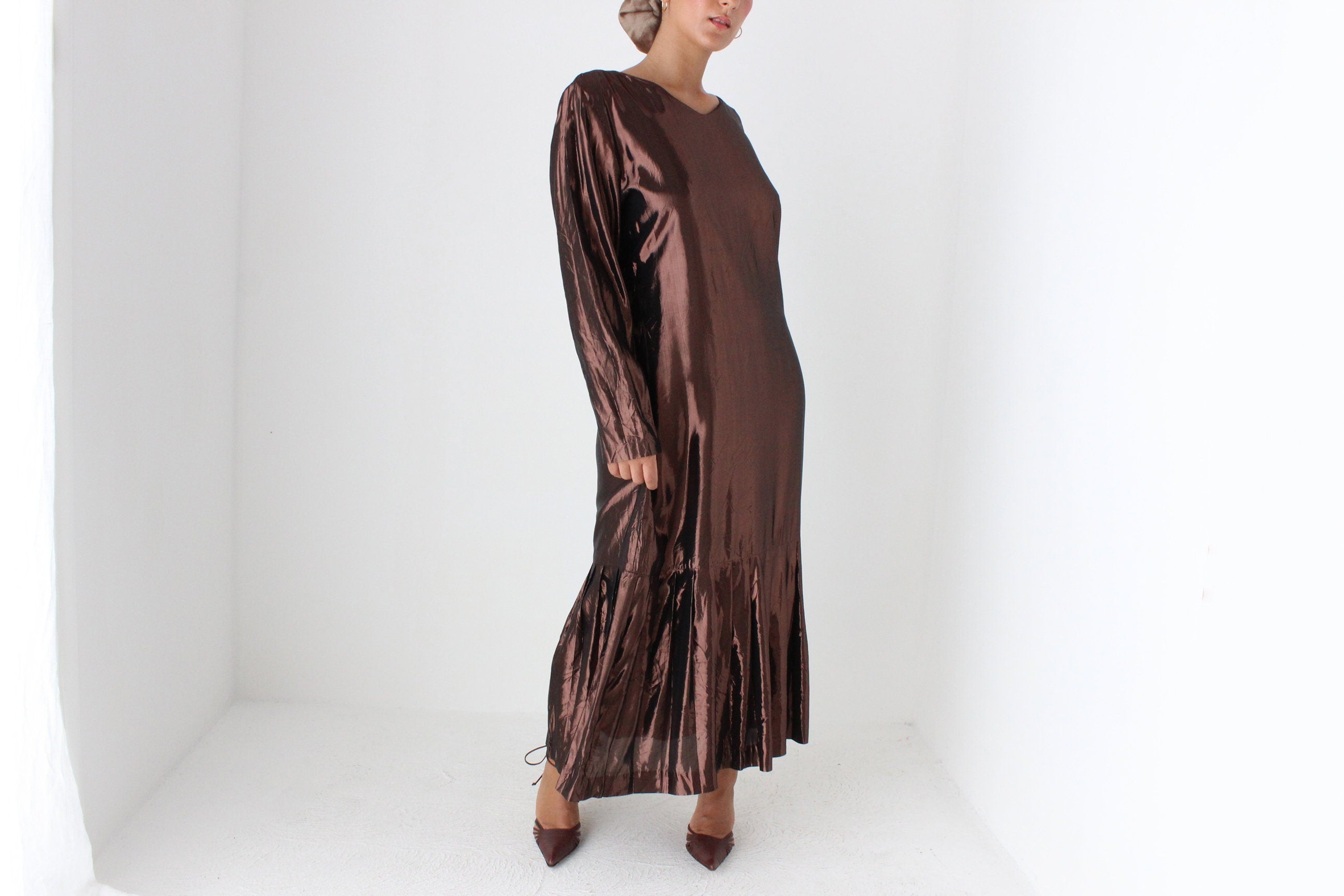 80s Bronze Lamé Metallic Drop Waist Party Dress