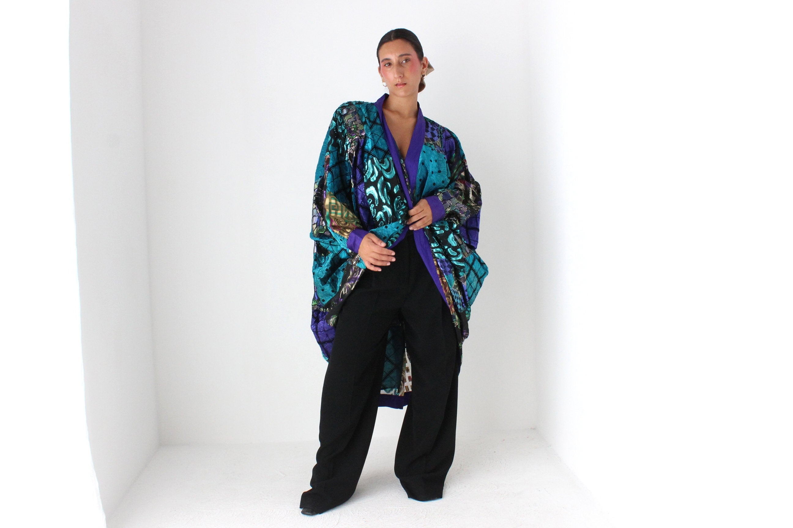 80s Historic Australian Designer Maximalist Rainbow Patchwork Batwing Kimono Jacket