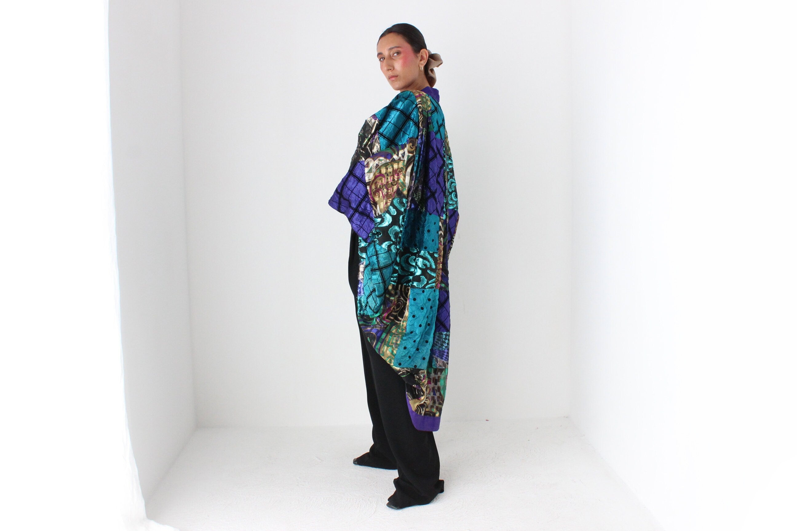 80s Historic Australian Designer Maximalist Rainbow Patchwork Batwing Kimono Jacket