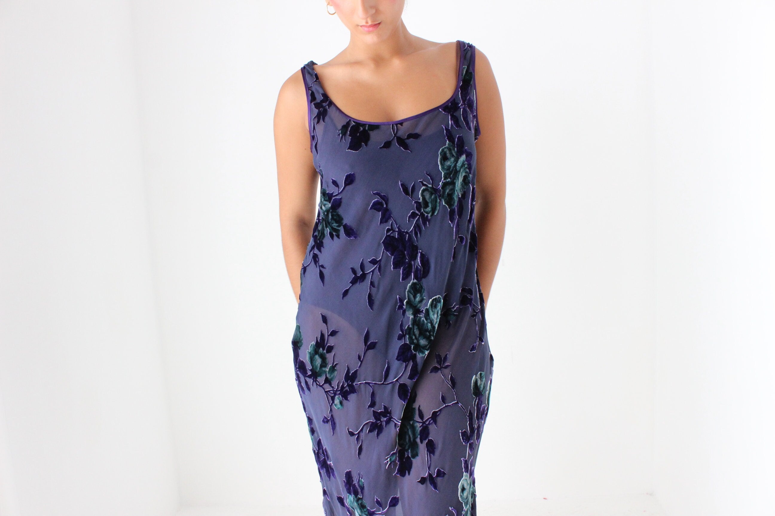 90s PURE SILK VELVET Floral Burnout Bias Cut Scoop Neck Party Gown