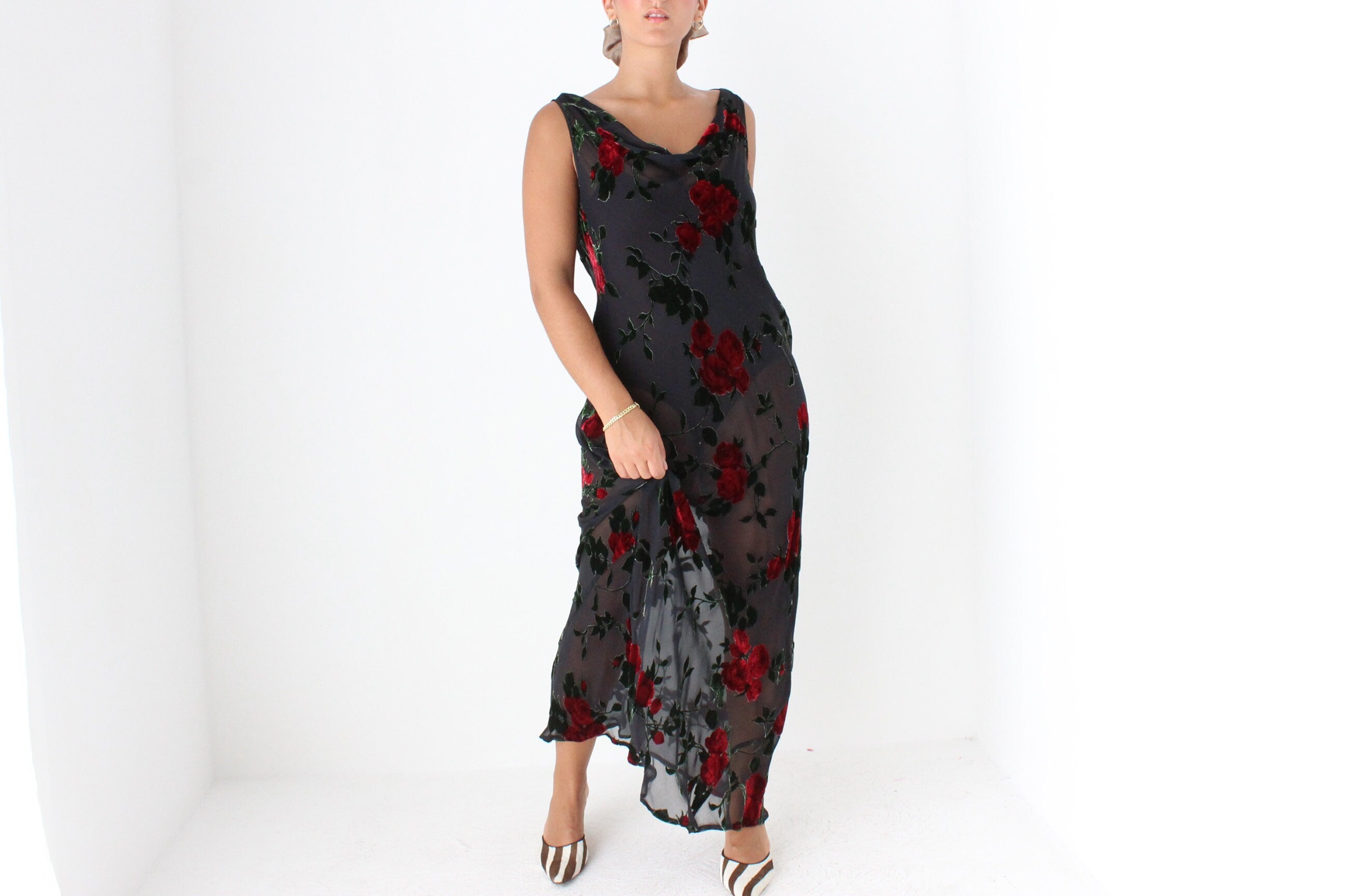 90s Romantic Red Rose Silk Velvet Burnout Gown
