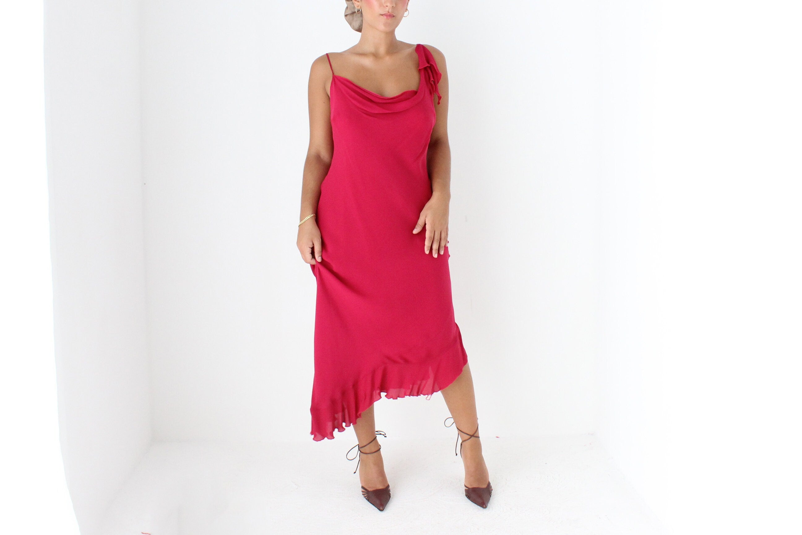 Y2K PURE SILK Magenta Asymmetric Slip Dress