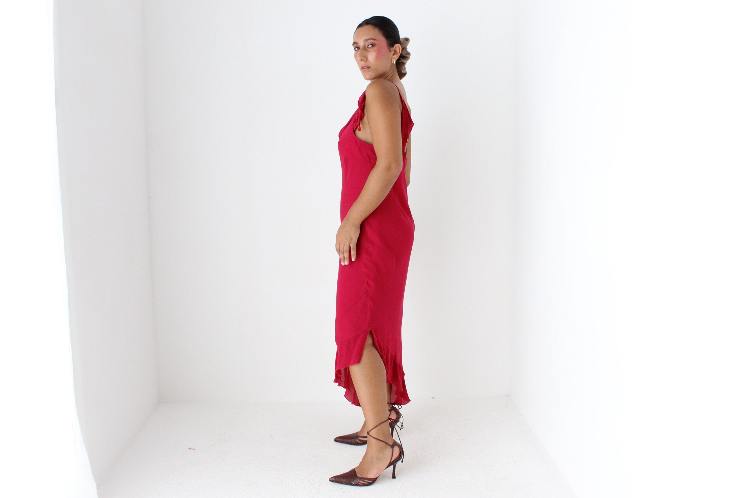 Y2K PURE SILK Magenta Asymmetric Slip Dress