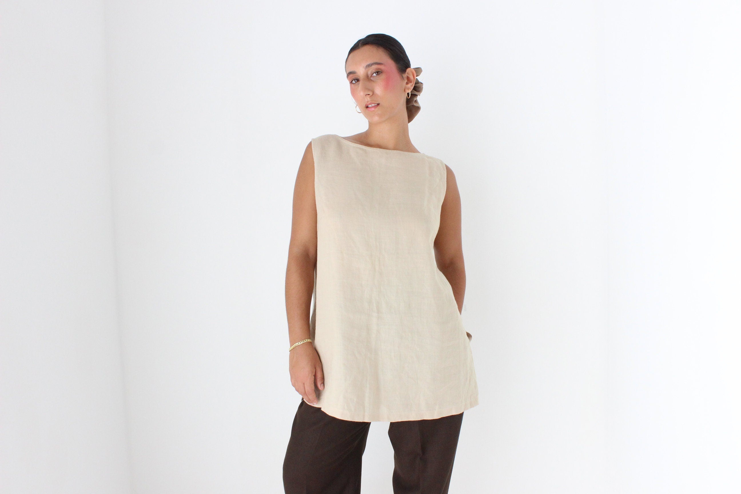 90s Neutral Linen Relaxed, Loose Sleeveless Smock Top