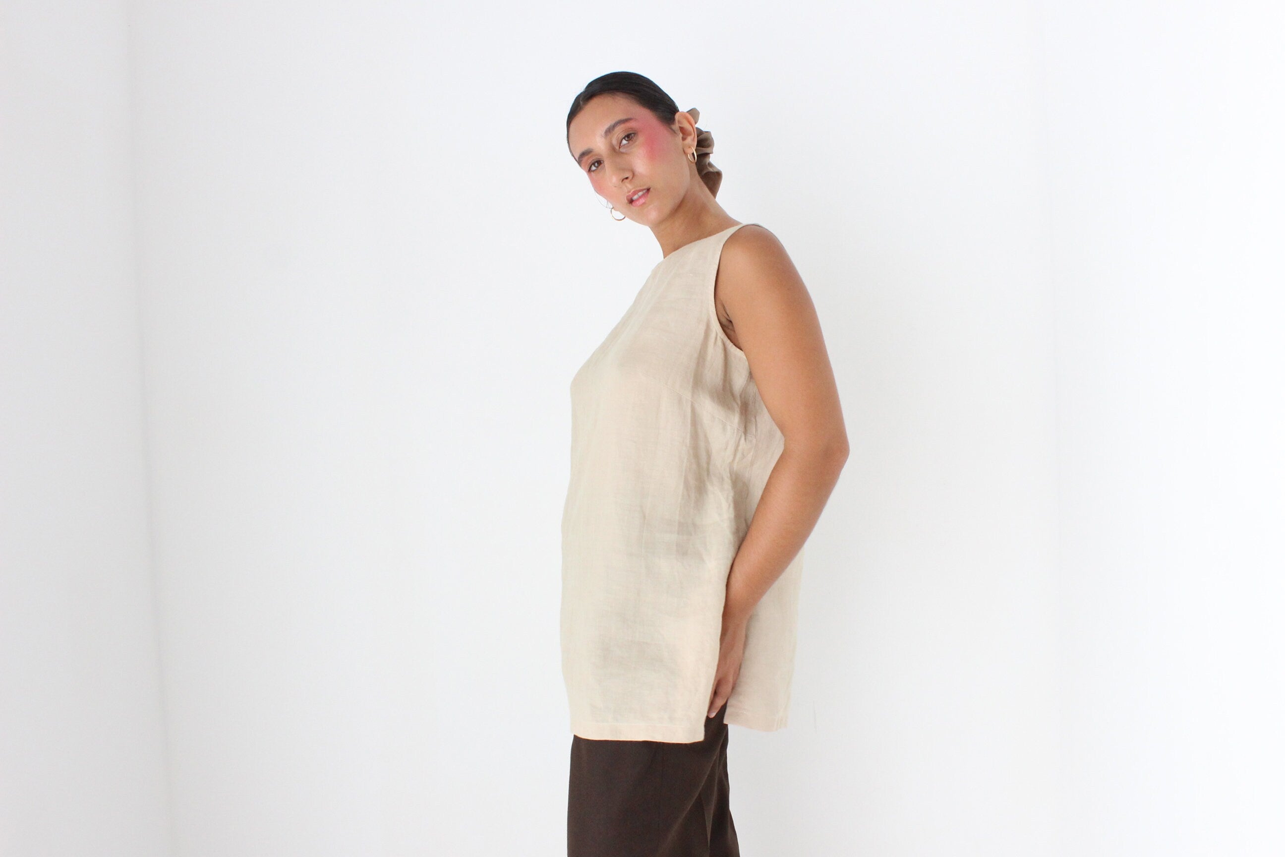 90s Neutral Linen Relaxed, Loose Sleeveless Smock Top